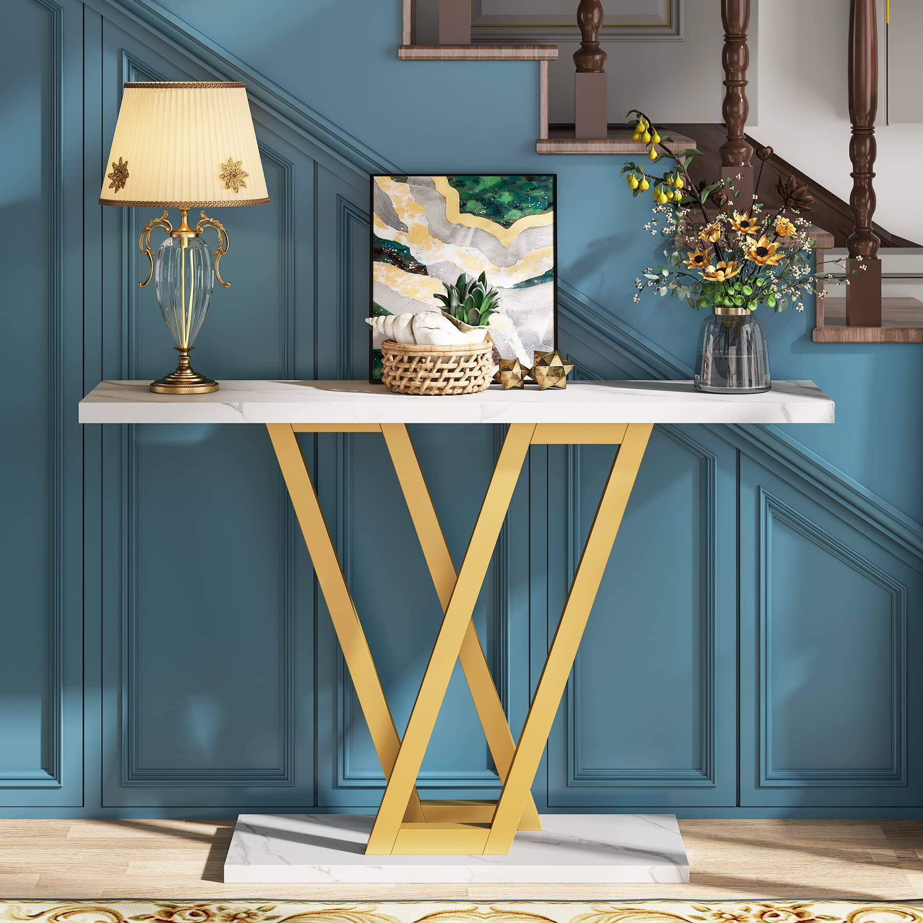 Back. Tribesigns - Gold Console Table, Modern Hallway Table for Entryway, 43 Inch Entryway Tables Narrow Sofa Table for Living Room, Stable - Marble White.