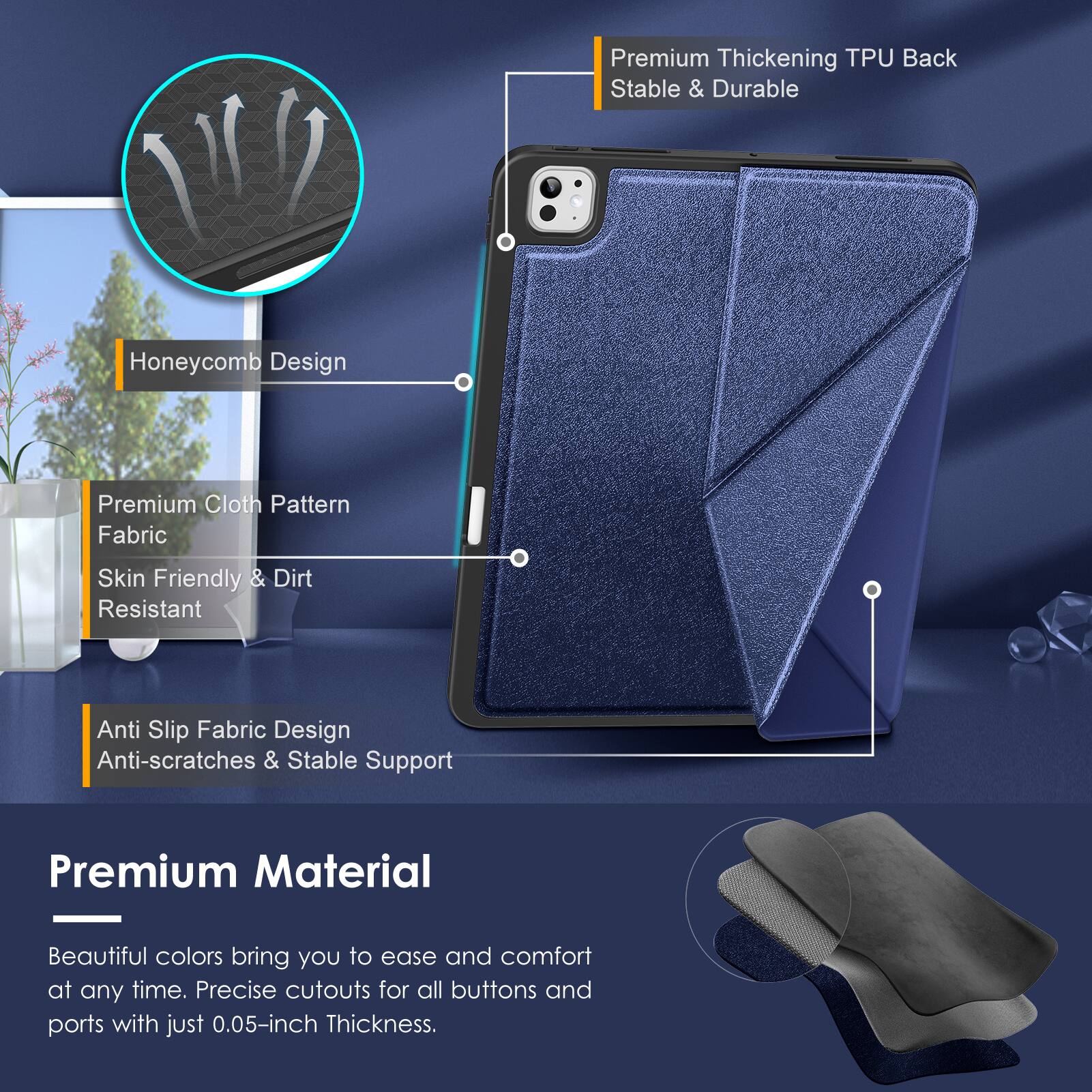 Premium Thickening TPU Back  
Stable & Durable  

Honeycomb Design  

Premium Cloth Pattern Fabric  
Skin Friendly & Dirt Resistant  

Anti Slip Fabric Design  
Anti-scratches & Stable Support  

Premium Material  
Beautiful colors bring you to ease and comfort at any time.  
Precise cutouts for all buttons and ports with just 0.05-inch Thickness.