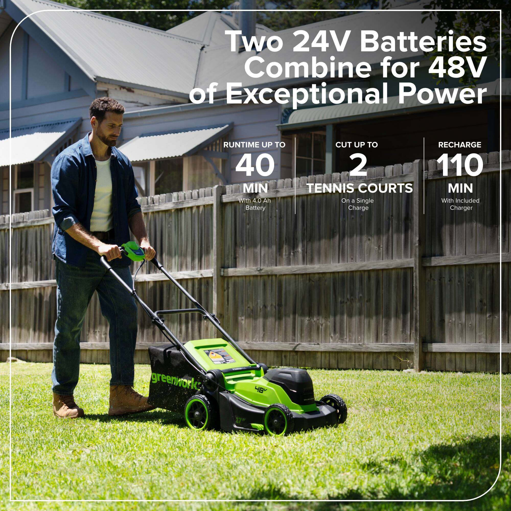 Two 24V Batteries Combine for 48V of Exceptional Power

- RUNTIME UP TO 40 MIN
  - With 4.0 Ah Battery

- CUT UP TO 2 TENNIS COURTS
  - On a Single Charge

- RECHARGE 110 MIN
  - With Included Charger

greenworks