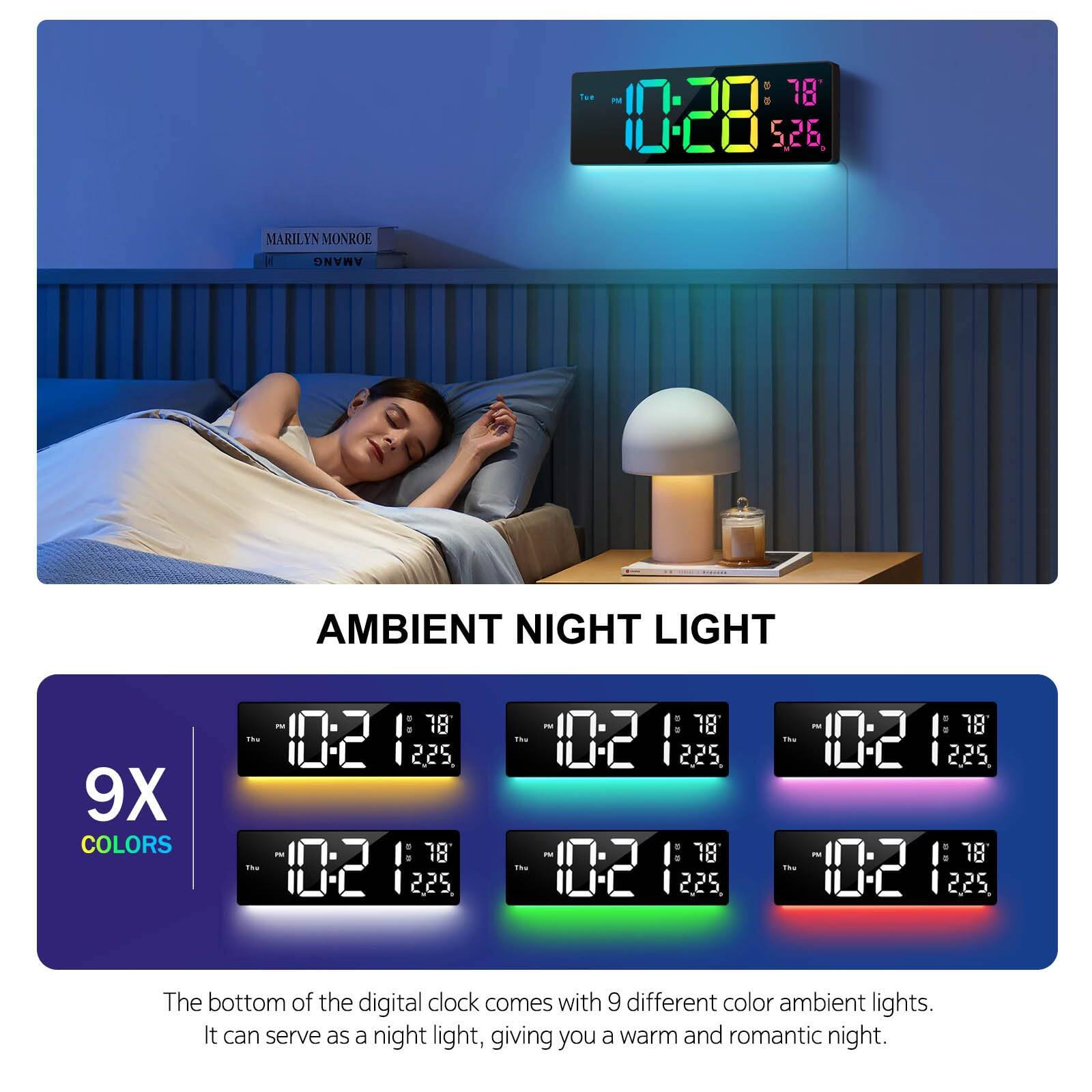 Tue Pe : 18 10:28 526 MARILYN MONROE AMANG AMBIENT NIGHT LIGHT 9X COLORS

The bottom of the digital clock comes with 9 different color ambient lights. It can serve as a night light, giving you a warm and romantic night.