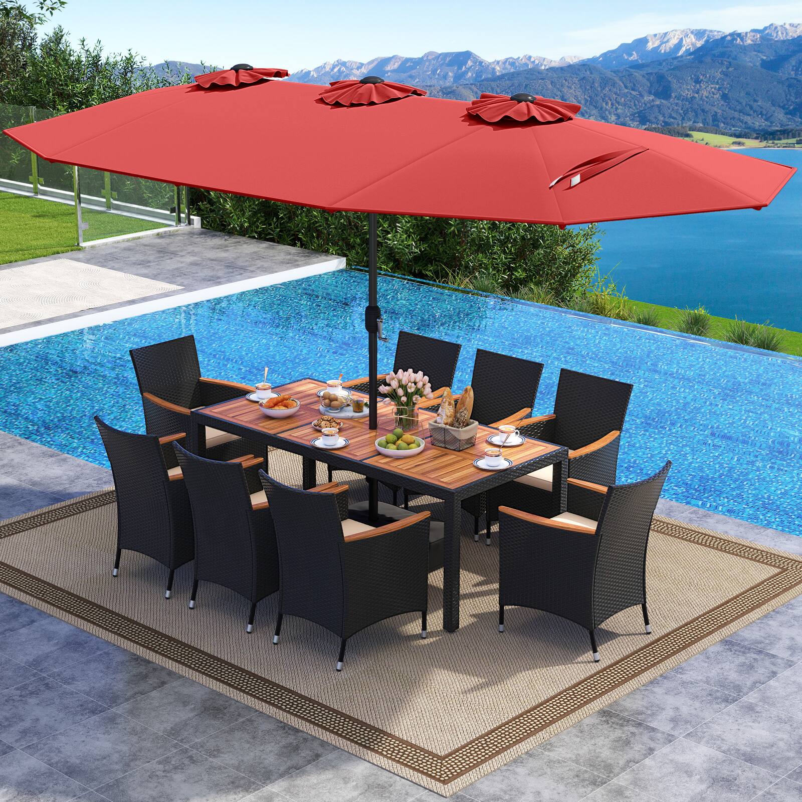 Alt View 3. Costway - Costway 11 PCS Patio Wicker Dining Set with Double-Sided Outdoor Umbrella 8 Stackable Chairs - Red,White.