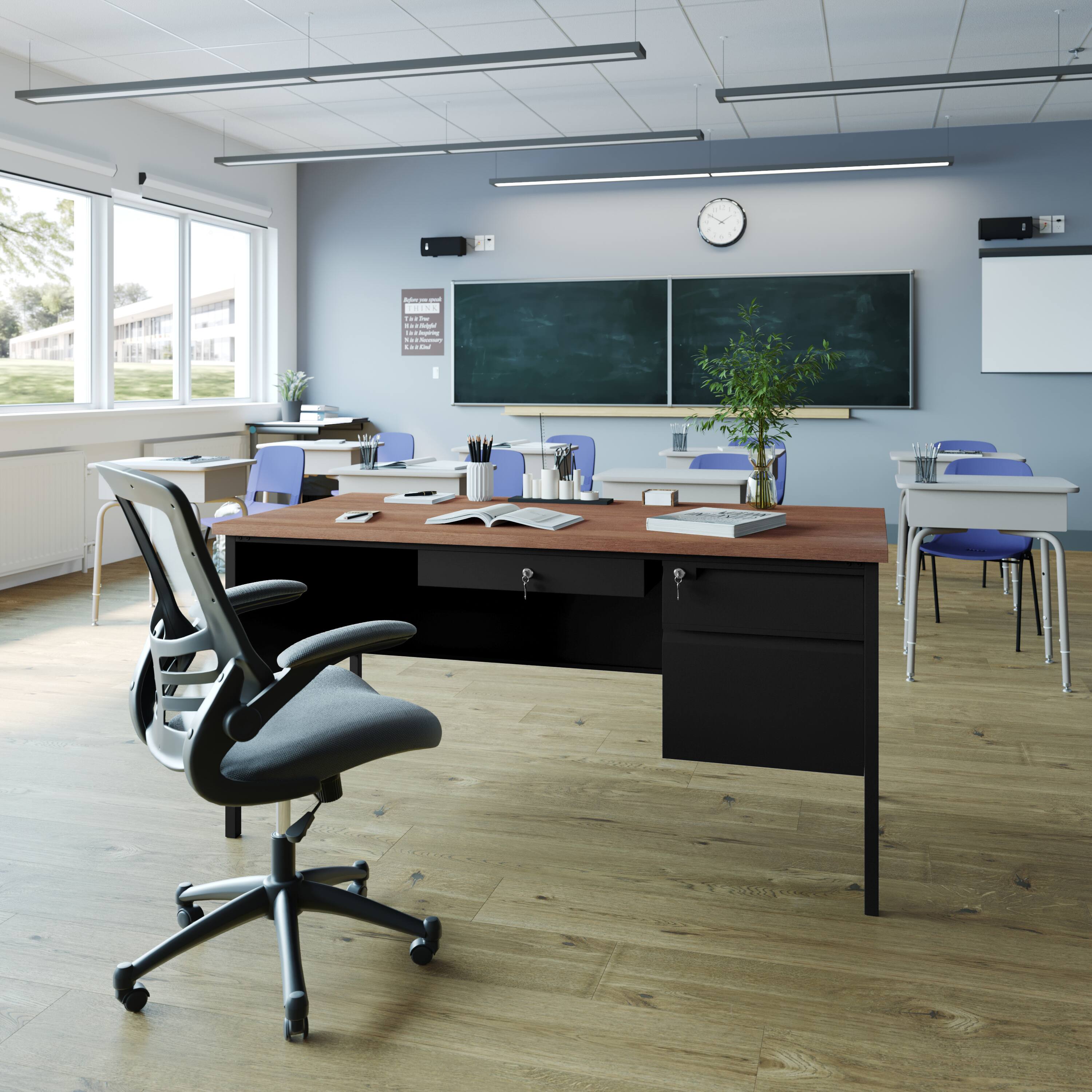 Alt View 1. Flash Furniture - Cambridge Commercial Grade 30x60 Right Side Single Pedestal Desk with 3 Locking Drawers, Walnut Top and Black Frame - Brown.