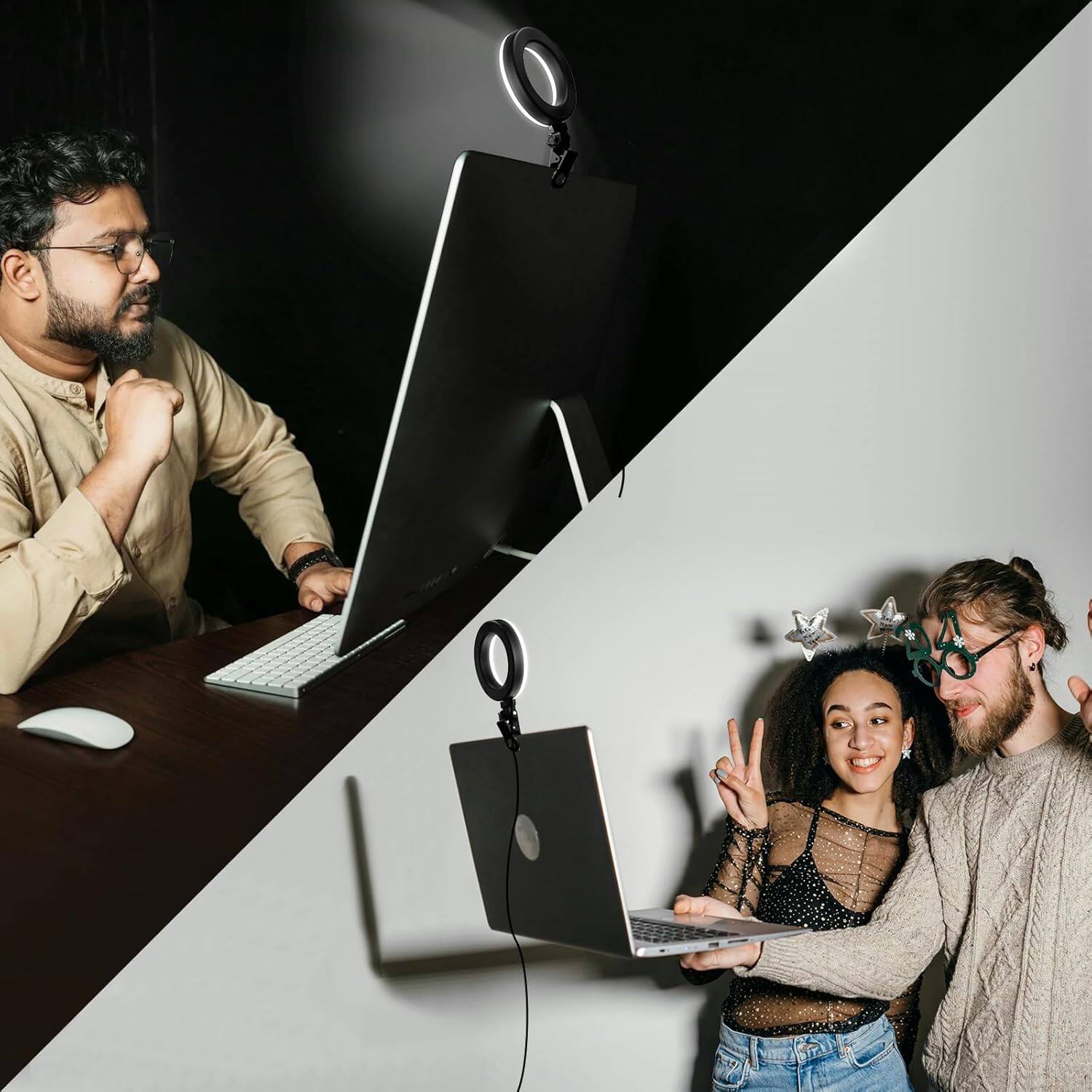 Left. Schertz - Clip-On Ring Light for Laptop – 10 Brightness Levels for Zoom, Streaming, Video Calls & TikTok.