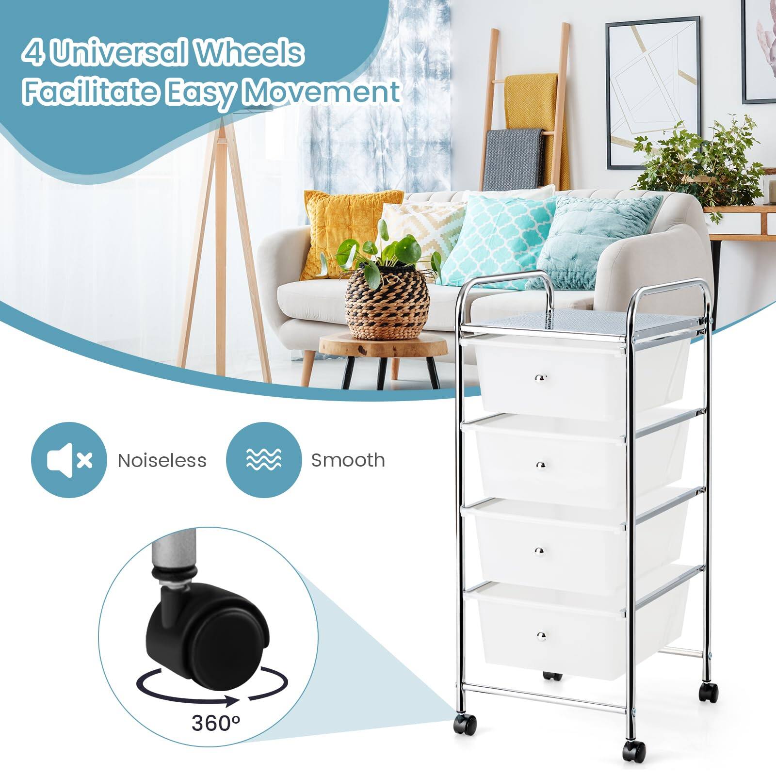 4 Universal Wheels Facilitate Easy Movement

- Noiseless
- Smooth

360°