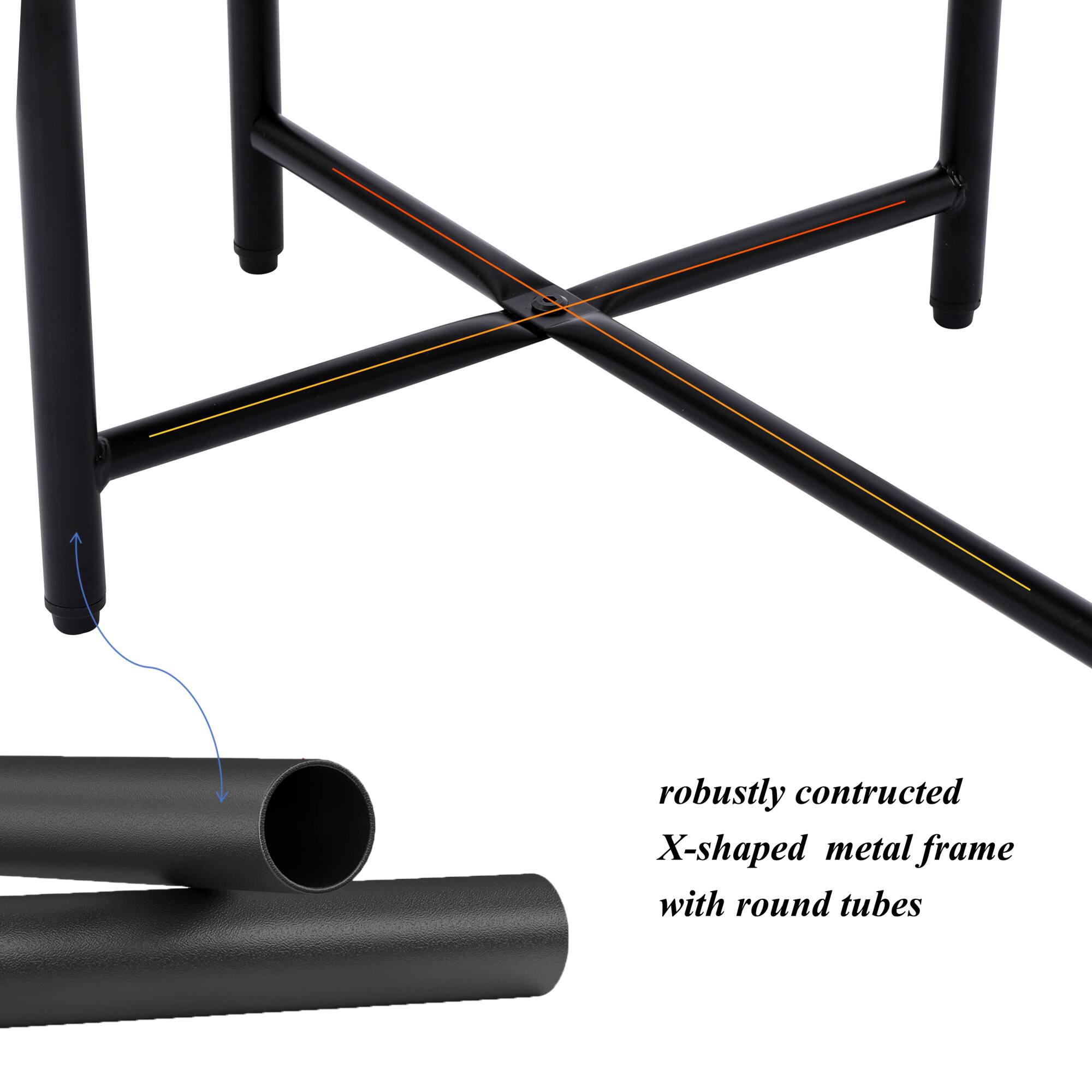 robustly constructed X-shaped metal frame with round tubes