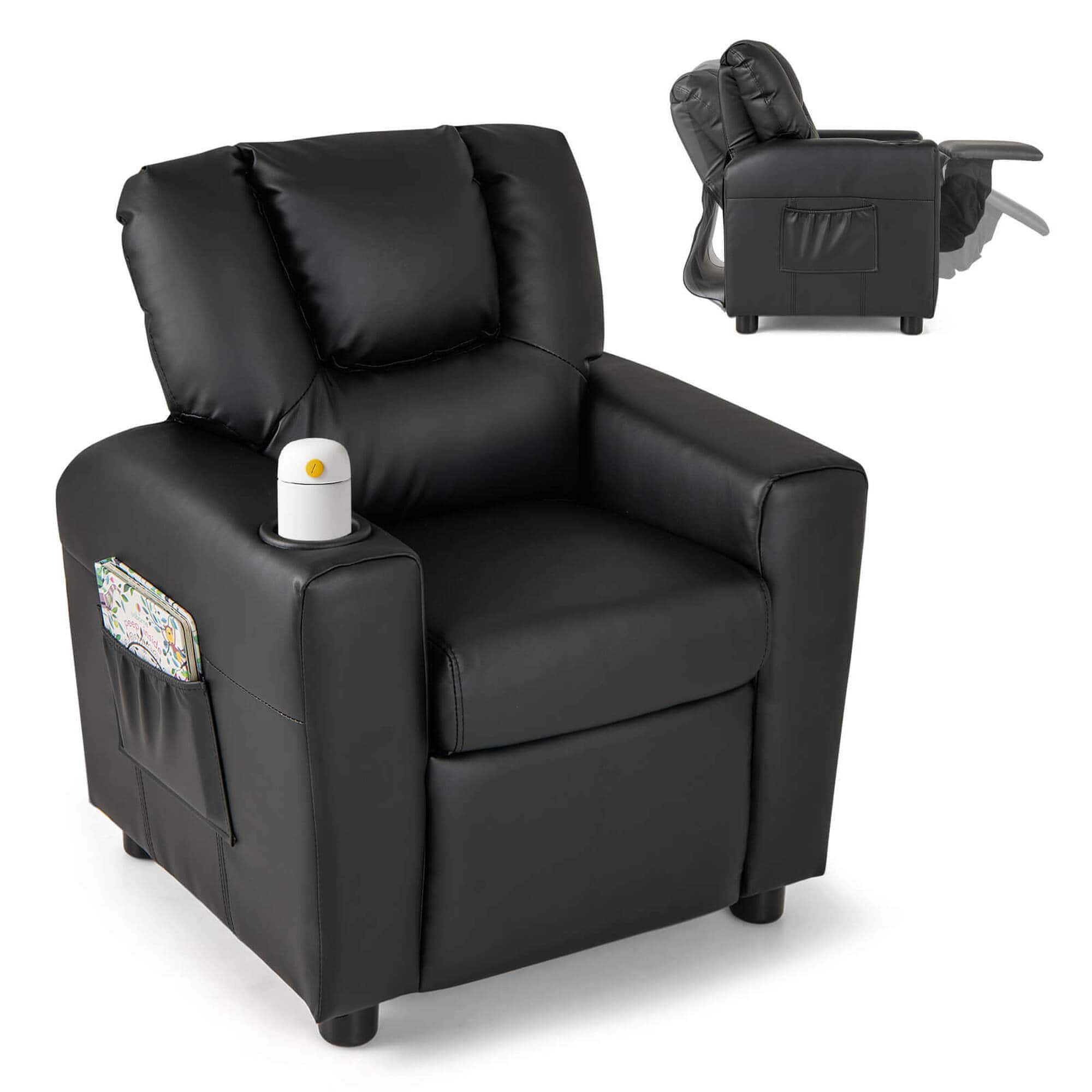 Costway - Kids Recliner Chair with Cup Holder & Side Pocket Adjustable Backrest Footrest - Black