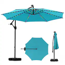 Costway - 10 FT Solar Offset Hanging Umbrella with 96 Solar Multi-colored Flowing LED Lights - Blue