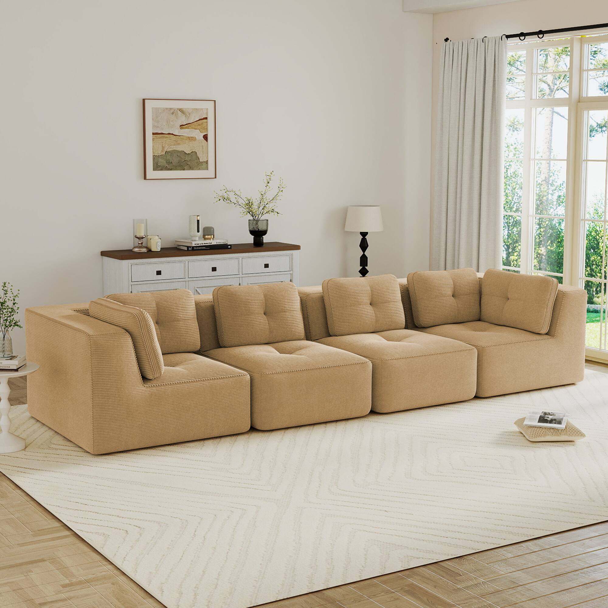 Angle. LOVMOR - Modular Deep Seat No Assembly 4 Seater Corduroy Sectional Couch Compressed Pack Anti Slip Tufted For Soft Home - Camel.
