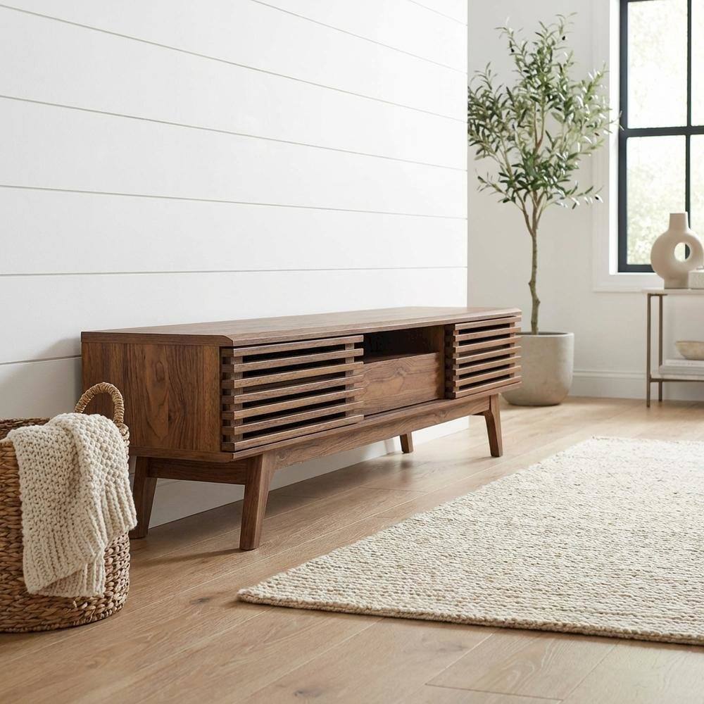 Angle. FurniFact - Brown wood TV stand with sleek design and ample storage space - Brown.
