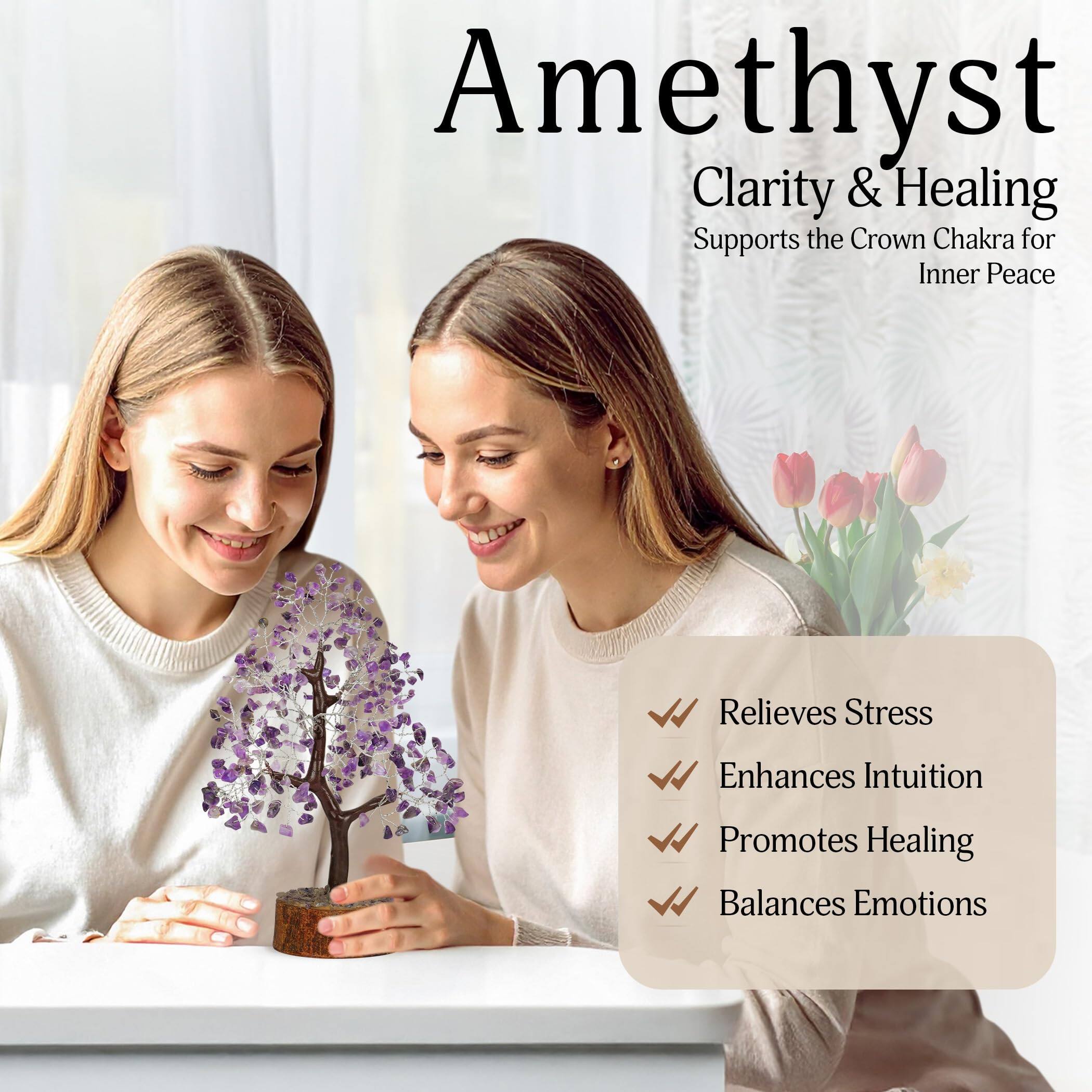 Amethyst  
Clarity & Healing  
Supports the Crown Chakra for Inner Peace  

- Relieves Stress  
- Enhances Intuition  
- Promotes Healing  
- Balances Emotions