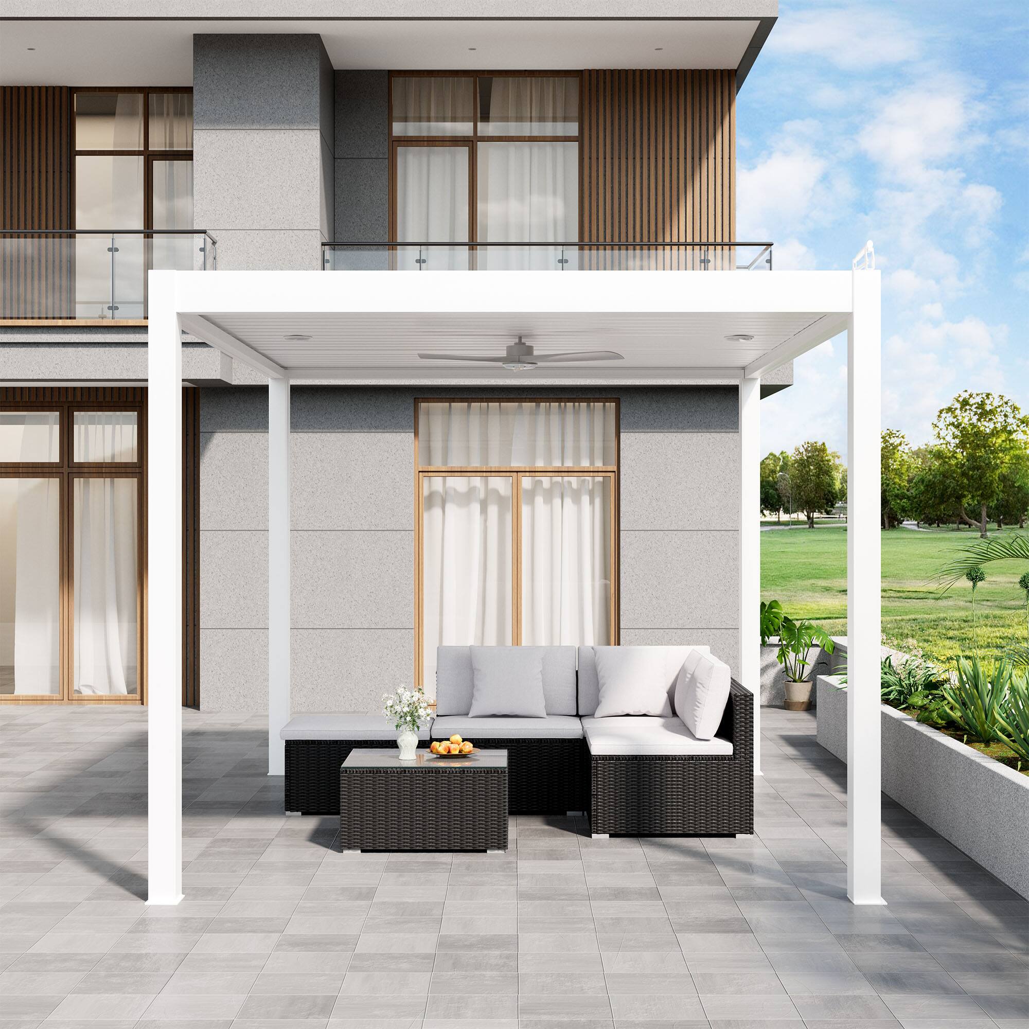 Angle. Mondawe - 10ft x 13ft Solar-Powered Aluminum Pergola with Adjustable Louvers and Hidden Drainage System - White.