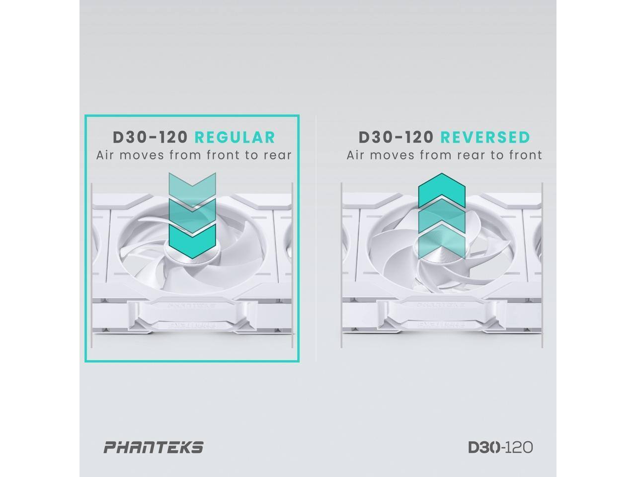 D30-120 REGULAR  
Air moves from front to rear  

D30-120 REVERSED  
Air moves from rear to front  

PHANTEKS  
D30-120