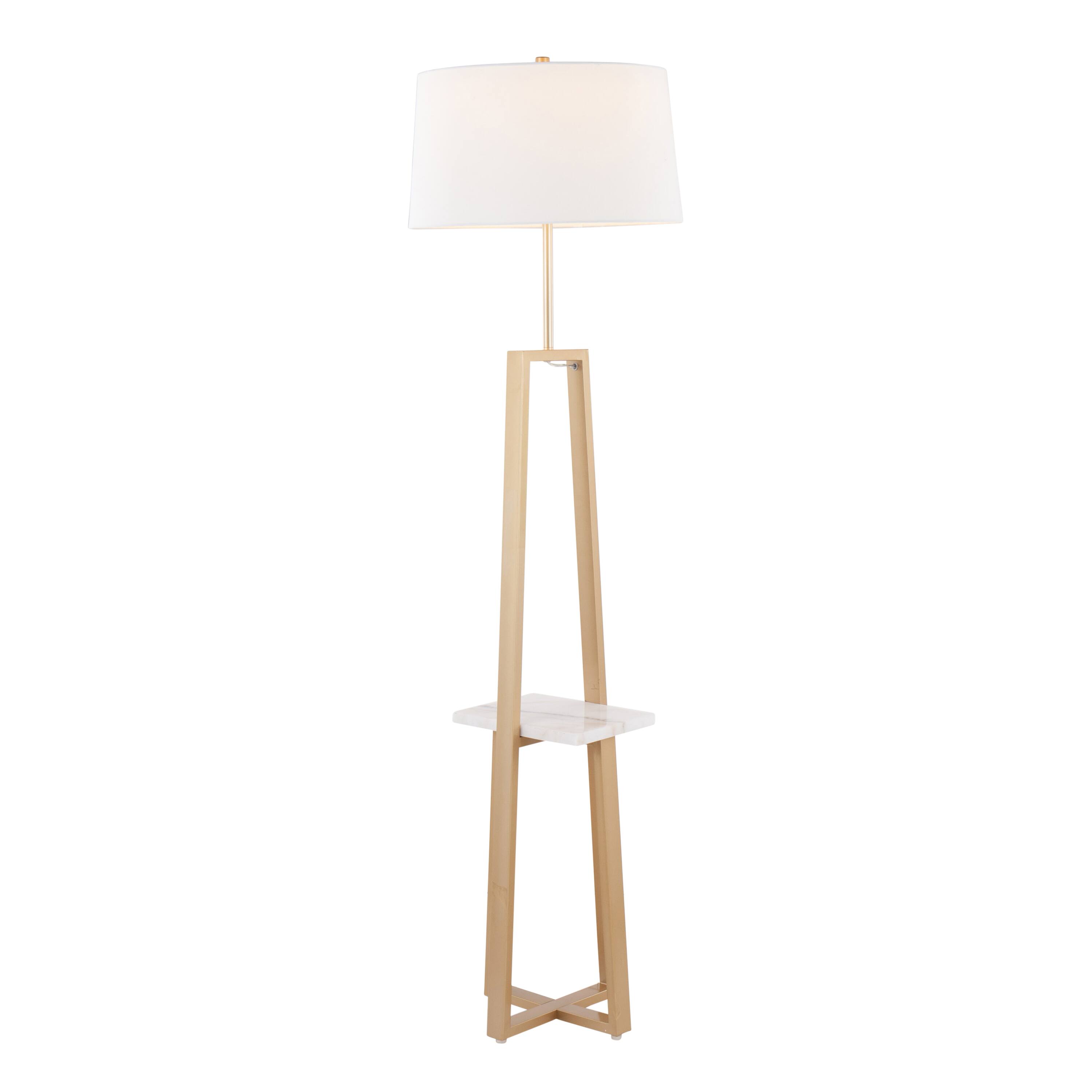 Angle. Loheer - Loheer Contemporary Shelf Floor Lamp Gold Metal and White Marble Base with Linen Shade Modern Standing Lamp - Gold.