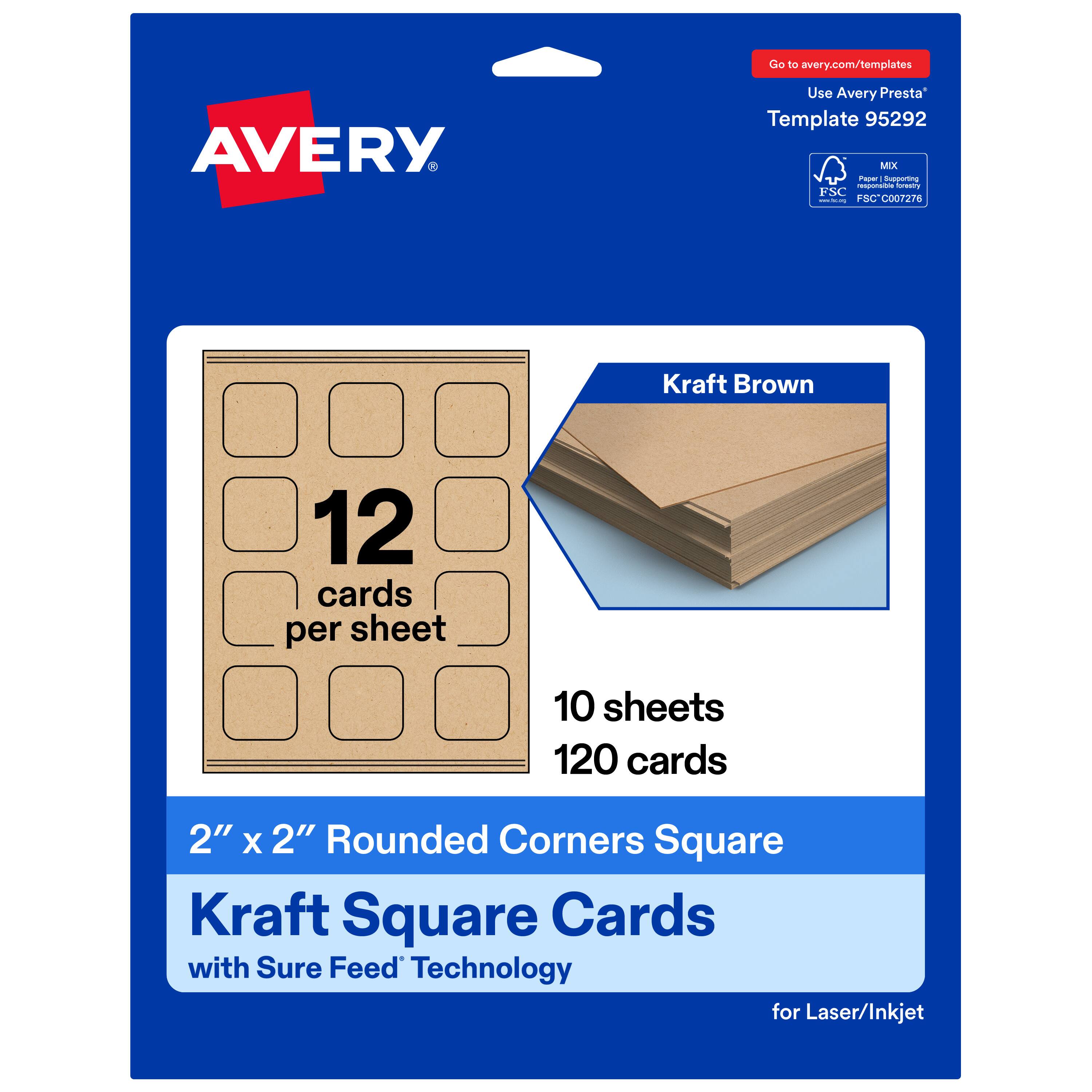 Go to avery.com/templates  
Use Avery Presta Template 95292  
Kraft Brown  
12 cards per sheet  
10 sheets  
120 cards  
2" x 2" Rounded Corners Square Kraft Square Cards with Sure Feed Technology for Laser/Inkjet