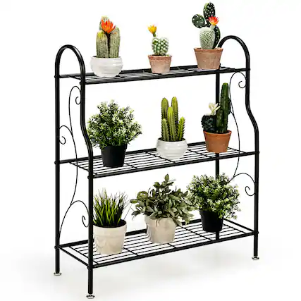 Front. Gymax - Gymax 3-Tier Metal Plant Stand Elegant Scrollwork Pattern Flower Display Shelf - Black.