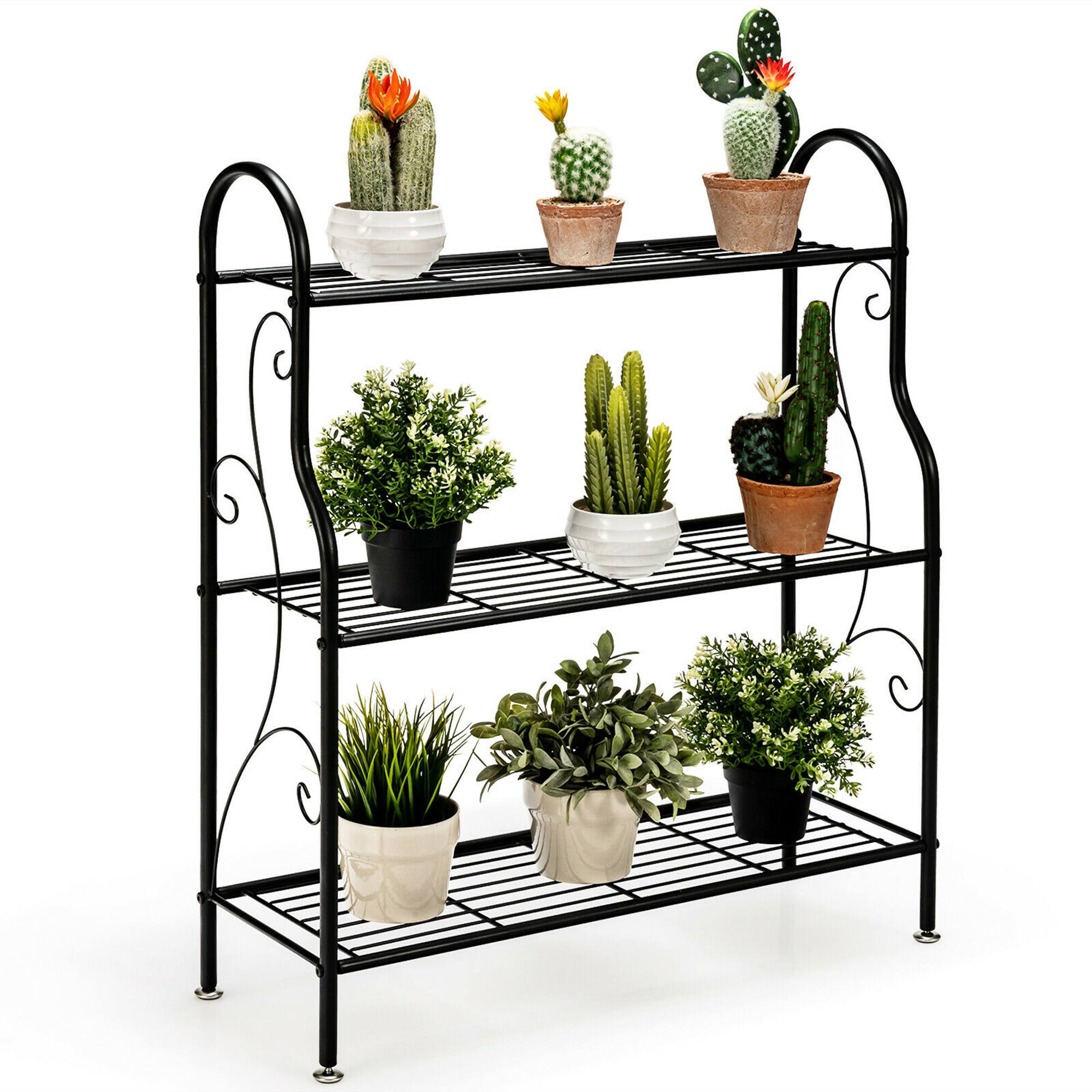 Front. Gymax - Gymax 3-Tier Metal Plant Stand Elegant Scrollwork Pattern Flower Display Shelf - Black.