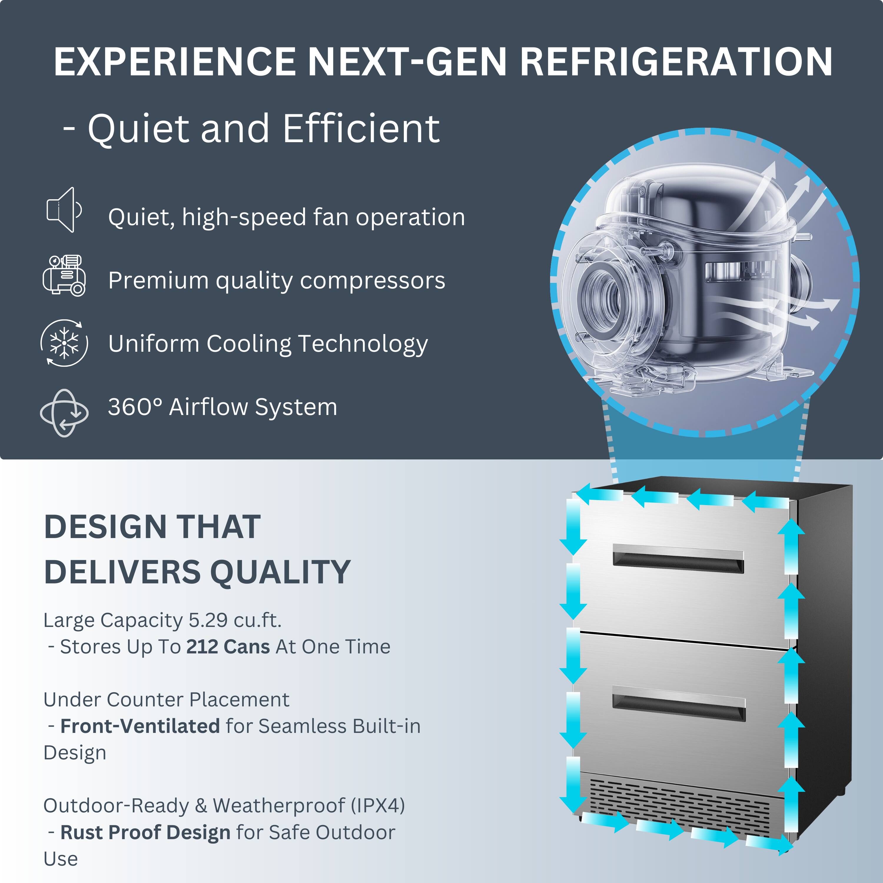 **EXPERIENCE NEXT-GEN REFRIGERATION**

- Quiet and Efficient
  - Quiet, high-speed fan operation
  - Premium quality compressors
  - Uniform Cooling Technology
  - 360° Airflow System

**DESIGN THAT DELIVERS QUALITY**

- Large Capacity 5.29 cu.ft.
  - Stores Up To 212 Cans At One Time
- Under Counter Placement
  - Front-Ventilated for Seamless Built-in Design
- Outdoor-Ready & Weatherproof (IPX4)
  - Rust Proof Design for Safe Outdoor Use