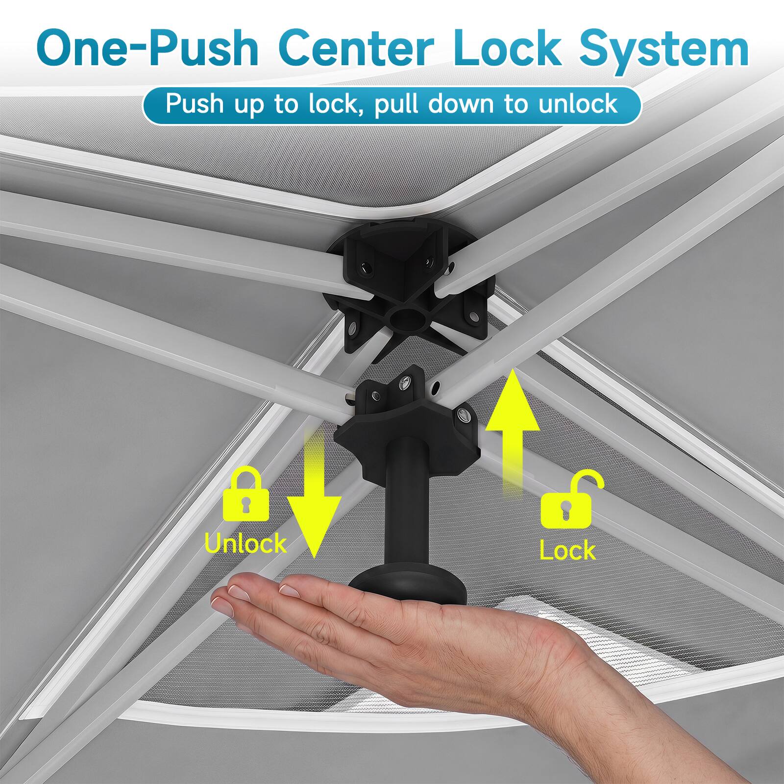 One-Push Center Lock System  
Push up to lock, pull down to unlock  

Unlock  
Lock