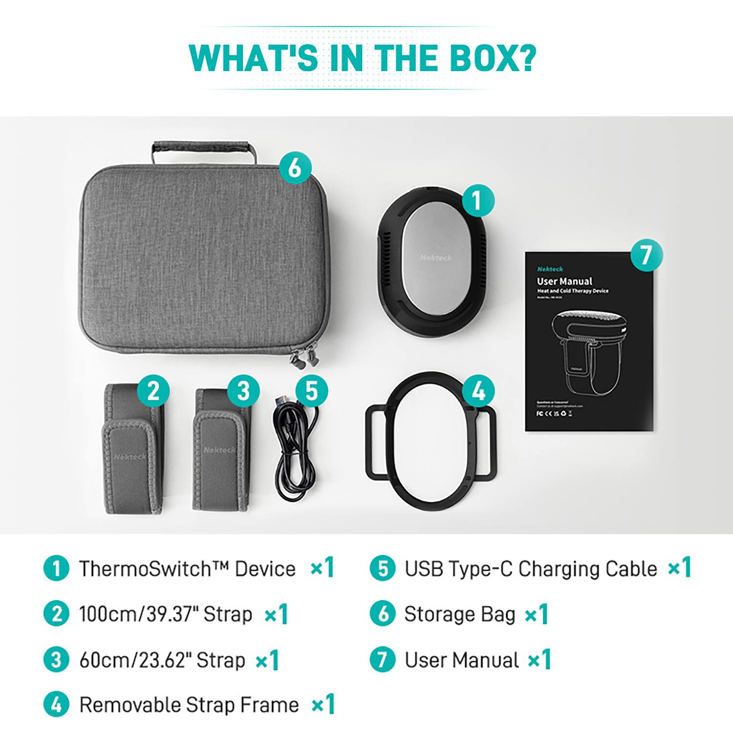 WHAT'S IN THE BOX?

1. ThermoSwitch™ Device x1
2. 100cm/39.37" Strap x1
3. 60cm/23.62" Strap x1
4. Removable Strap Frame x1
5. USB Type-C Charging Cable x1
6. Storage Bag x1
7. User Manual x1