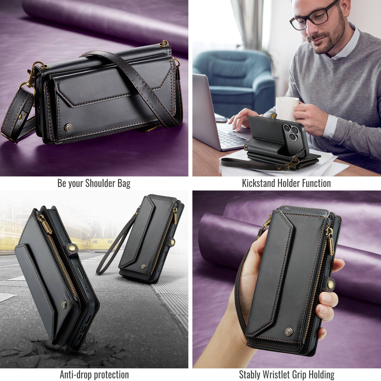 Be your Shoulder Bag  
Kickstand Holder Function  
Anti-drop protection  
Stably Wristlet Grip Holding