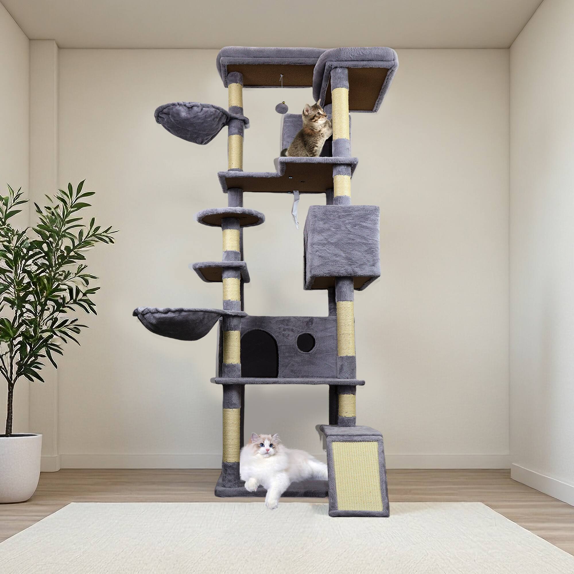 Alt View 2. Siljoy - 84.6" Dark Gray Cat Tree Tower with Wide Base, 3 Condos, 11 Scratching Posts, 2 Hammocks & Top Platform.