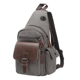 Unique Bargains - Canvas Sling Bag Crossbody Backpack Vintage Shoulder Bag W/Leather Accents for Outdoor Cycling Hiking Travel - Gray