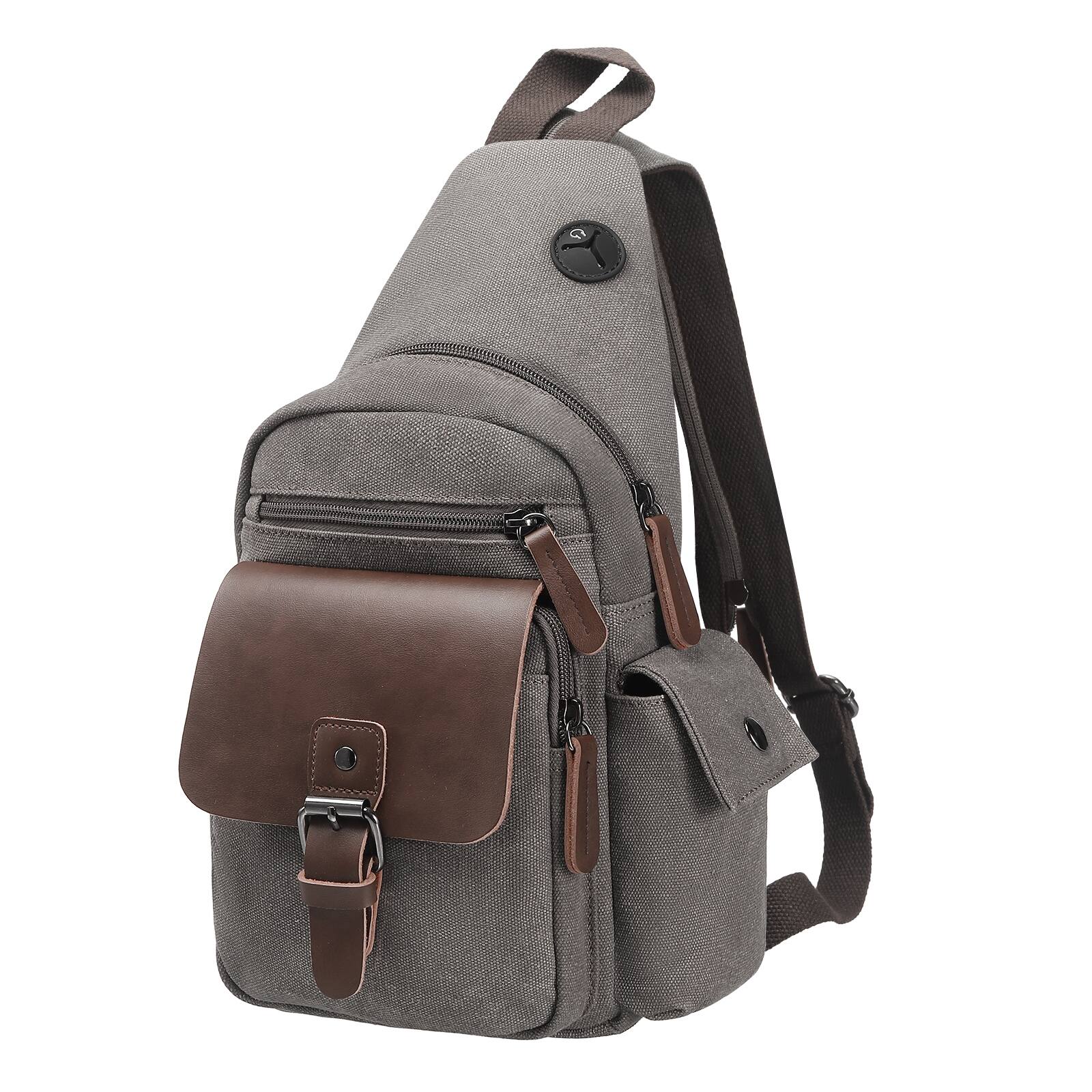 Front. Unique Bargains - Canvas Sling Bag Crossbody Backpack Vintage Shoulder Bag W/Leather Accents for Outdoor Cycling Hiking Travel - Grey.
