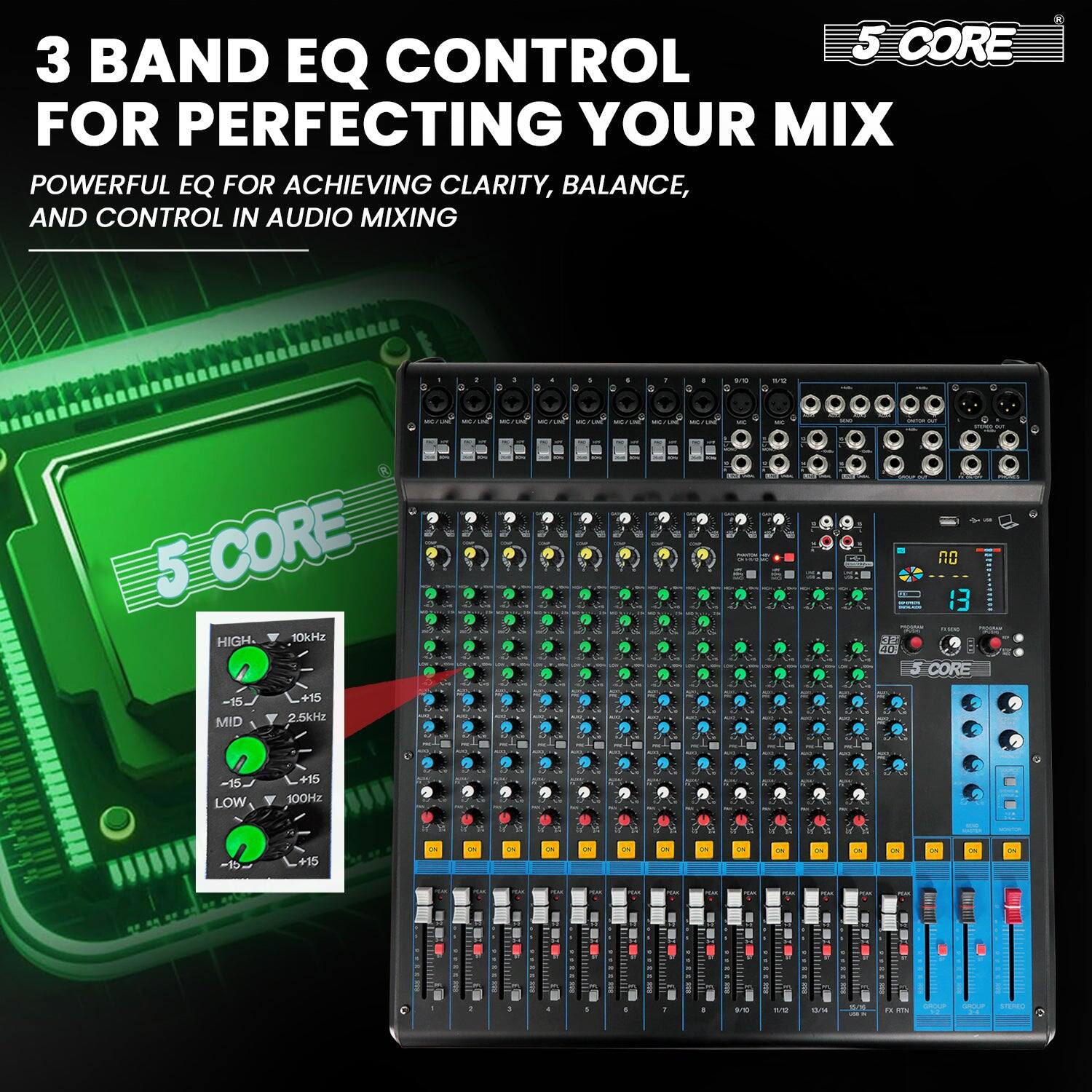 3 BAND EQ CONTROL FOR PERFECTING YOUR MIX

POWERFUL EQ FOR ACHIEVING CLARITY, BALANCE, AND CONTROL IN AUDIO MIXING

5 CORE

HIGH 10kHz -15 +15
MID 2.5kHz -15 +15
LOW 100Hz -15 +15