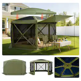 VEVOR - Pop up Gazebo Screen Tent, 10 x 10 ft Large 6-Sided Camping Canopy Tent with Removable Top & Carry Bag - Green