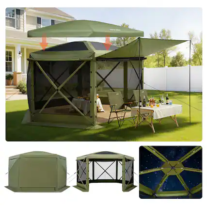 Front. VEVOR - Pop up Gazebo Screen Tent, 10 x 10 ft Large 6-Sided Camping Canopy Tent with Removable Top & Carry Bag - Green.