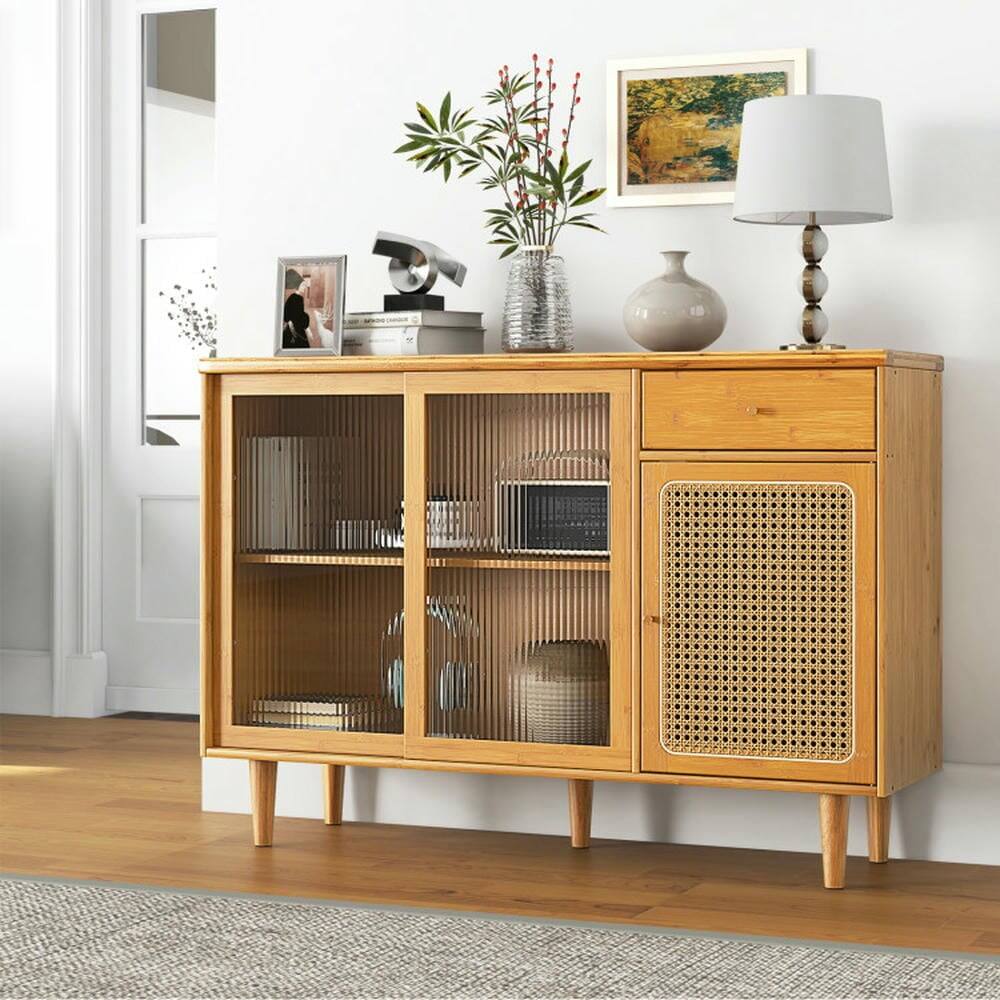 Back. Pefilos - Modern Bamboo Buffet Sideboard Cabinet, Versatile Cabinet with Tempered Glass Sliding Doors, Cabinet for Indoor, Natural - Brown.