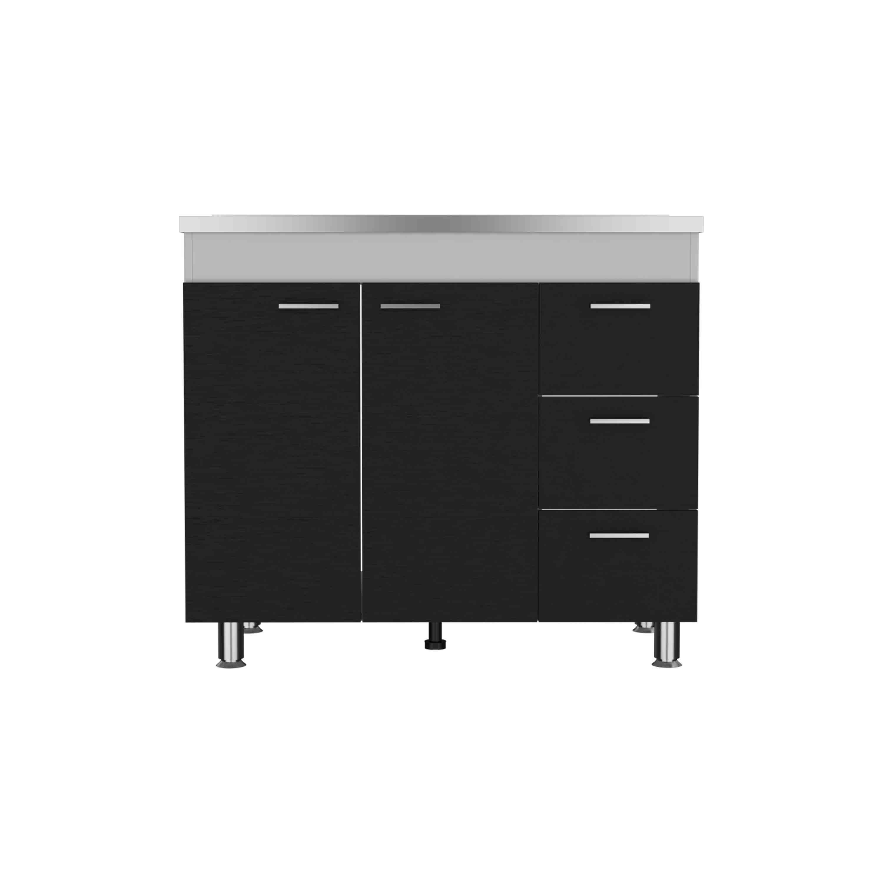Front. TuHome - Ferretti Utility Sink With Three Drawers And Double Door Cabinet - White / Black.