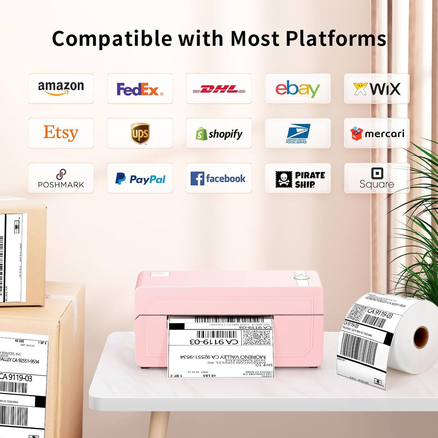 Alt View 3. JADENS - 268BT High-Speed Thermal Label Printer  – Bluetooth & USB, Ink-Free & BPA-Free, Includes 500 4x6 Shipping Labels - Pink.