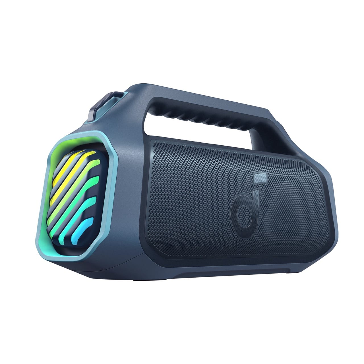 Left. Soundcore - by Anker Boom 2 Plus IPX7 Waterproof 140W Bluetooth Speaker with Subwoofers, BassUp 2.0, Custom Lighting, & Power Bank - Blue.