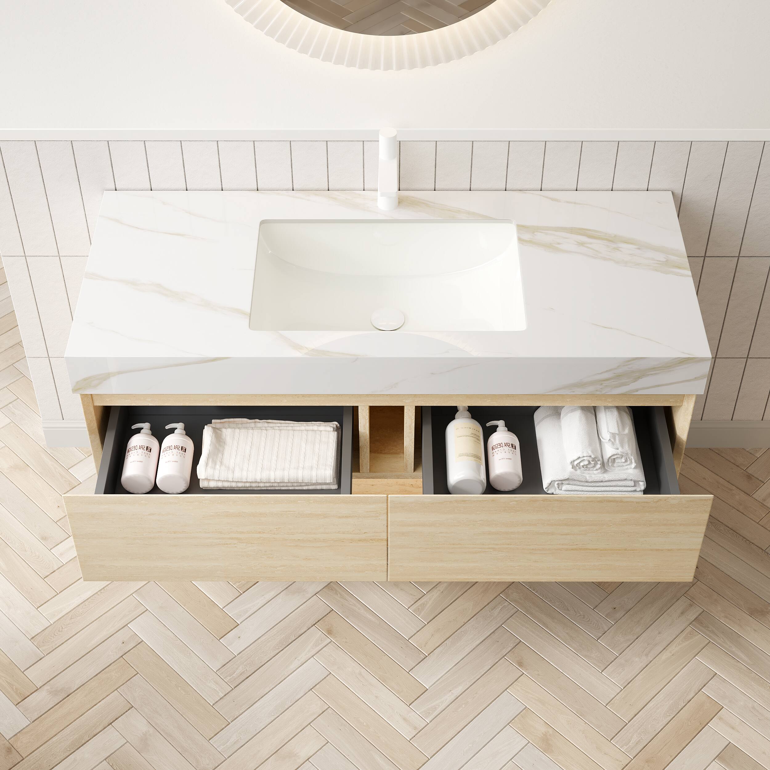 Angle. APRILSOUL - FRIGGA 48 inch Floating Vanity Drawers Sensor Light Undermount Basin Travertine - Beige,Carrara White.