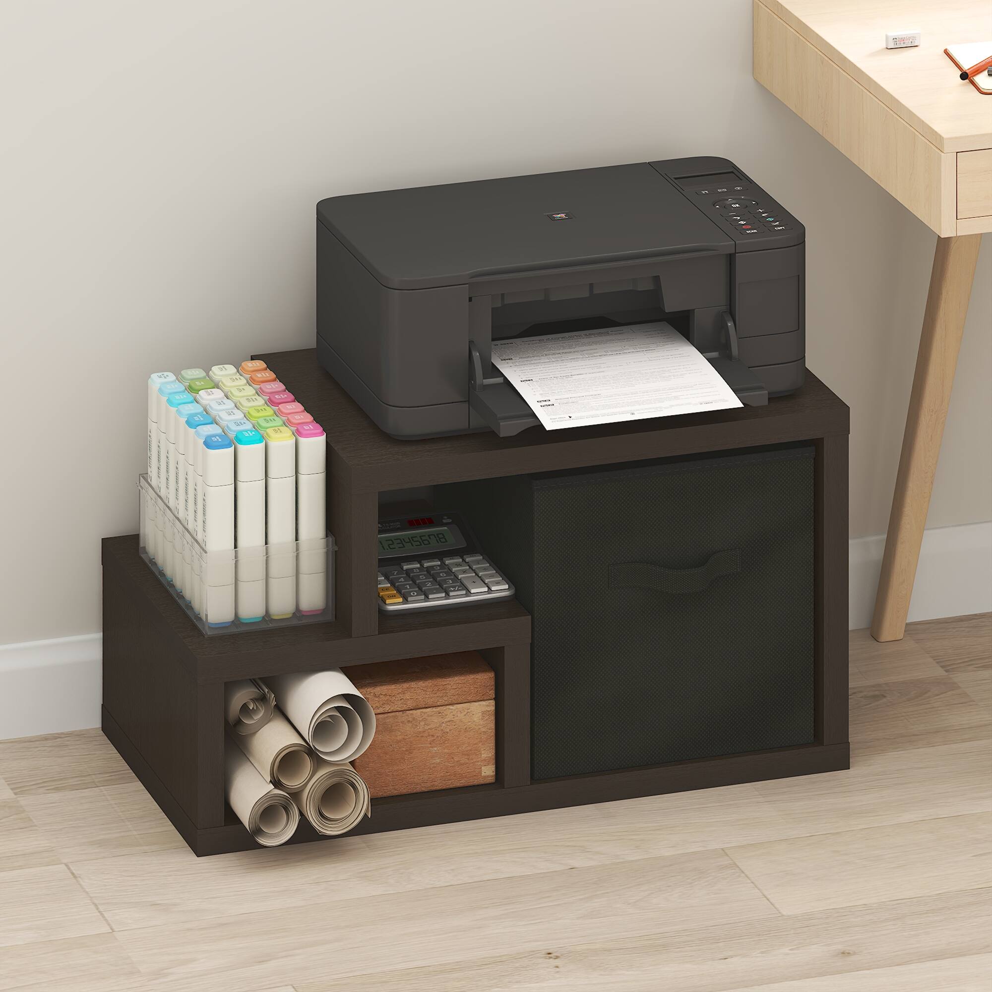 Alt View 4. Furinno - Viola Multipurpose Shelf with Storage Bin, Dark Oak/Black - Dark Oak/Black.