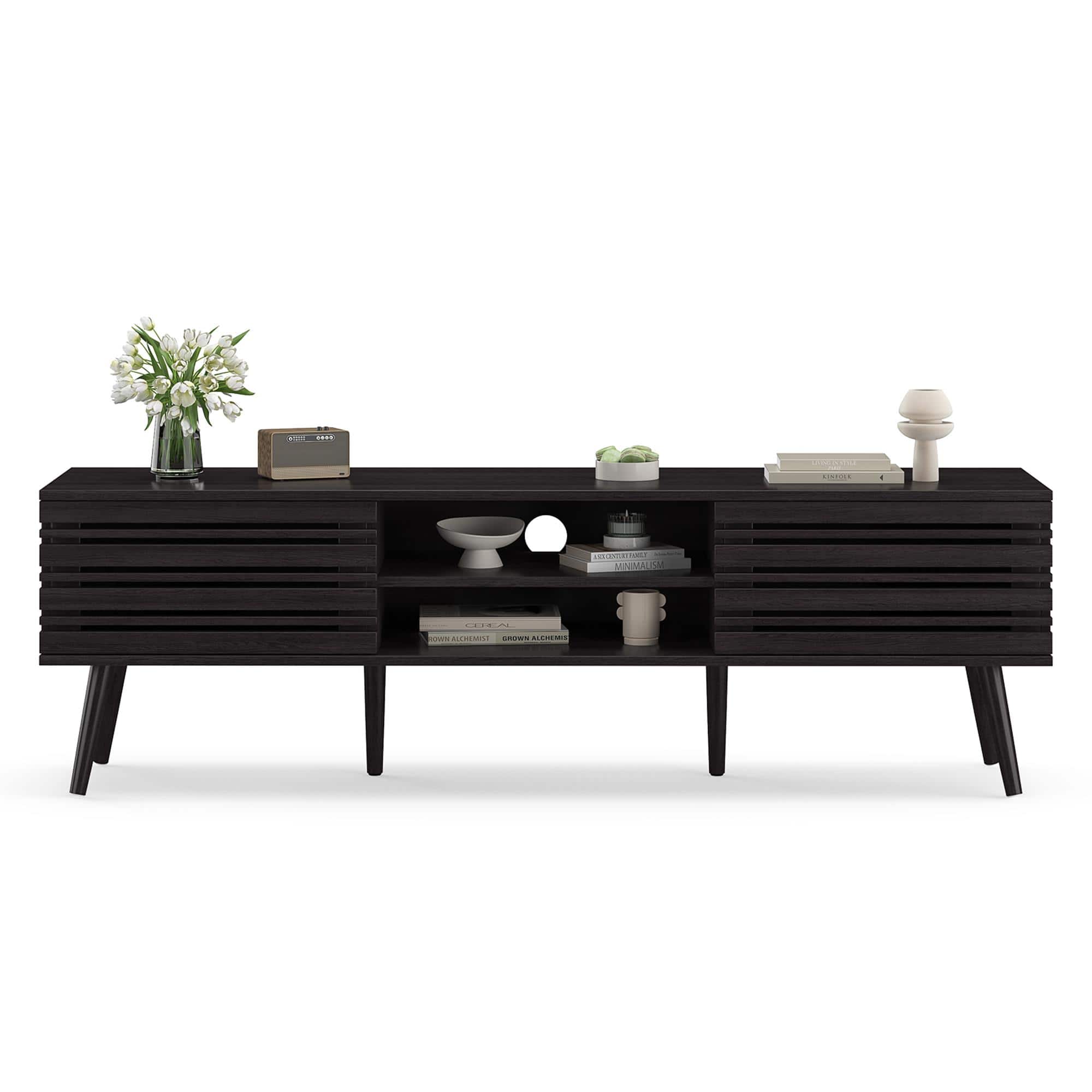 Boyel Living - Mid Century Modern TV Stands for up to 70" TV with Storage Fluted Wood TV Stand Boho Media Console - Black