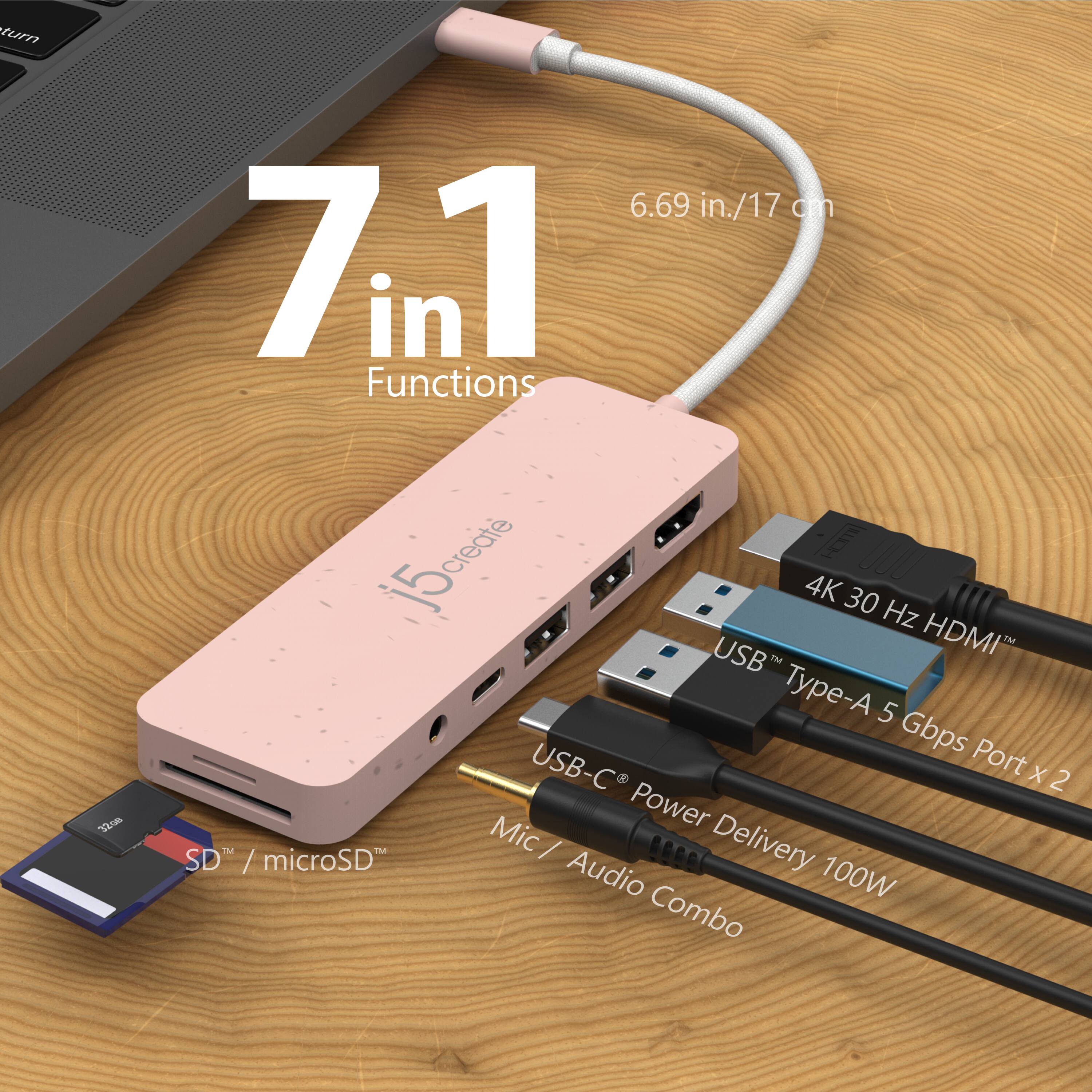 7.1 in Functions

- 6.69 in./17 cm
- 4K 30 Hz HDMI™
- USB™ Type-A 5 Gbps Port x 2
- USB-C® Power Delivery 100W
- SD™ / microSD™
- Mic / Audio Combo