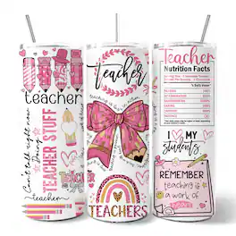 OrnamentallyYou - Teacher Life Pink 3D Inflated 20oz Tumbler With Stainless Steel Straw, Educator Appreciation Gift Cup - Multicolored