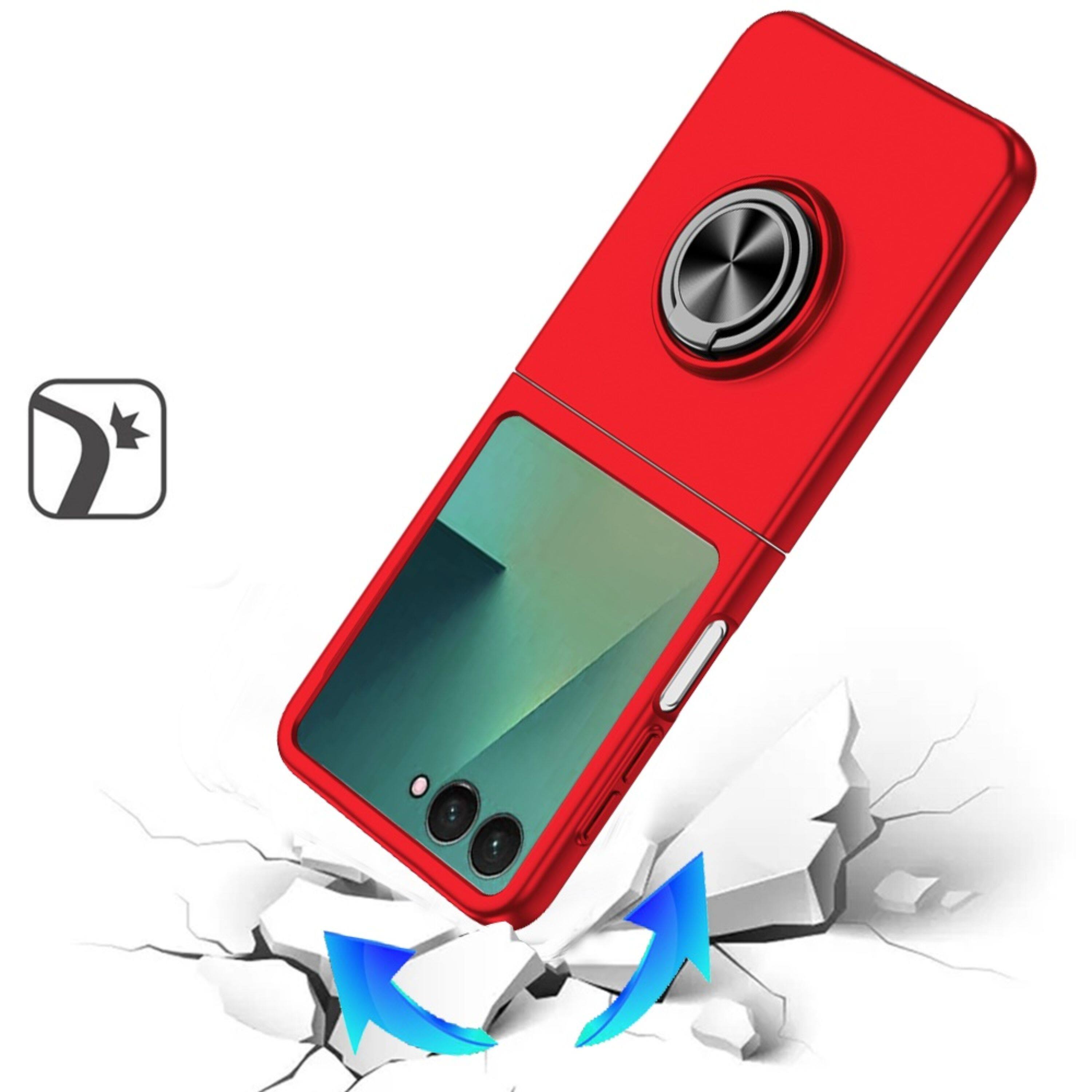 Angle. Kitcheniva - Rubberized Matte Hybrid Case With Metal Ring Stand With Tempered Glass For Samsung Galaxy Z Flip 7 Red - Red.