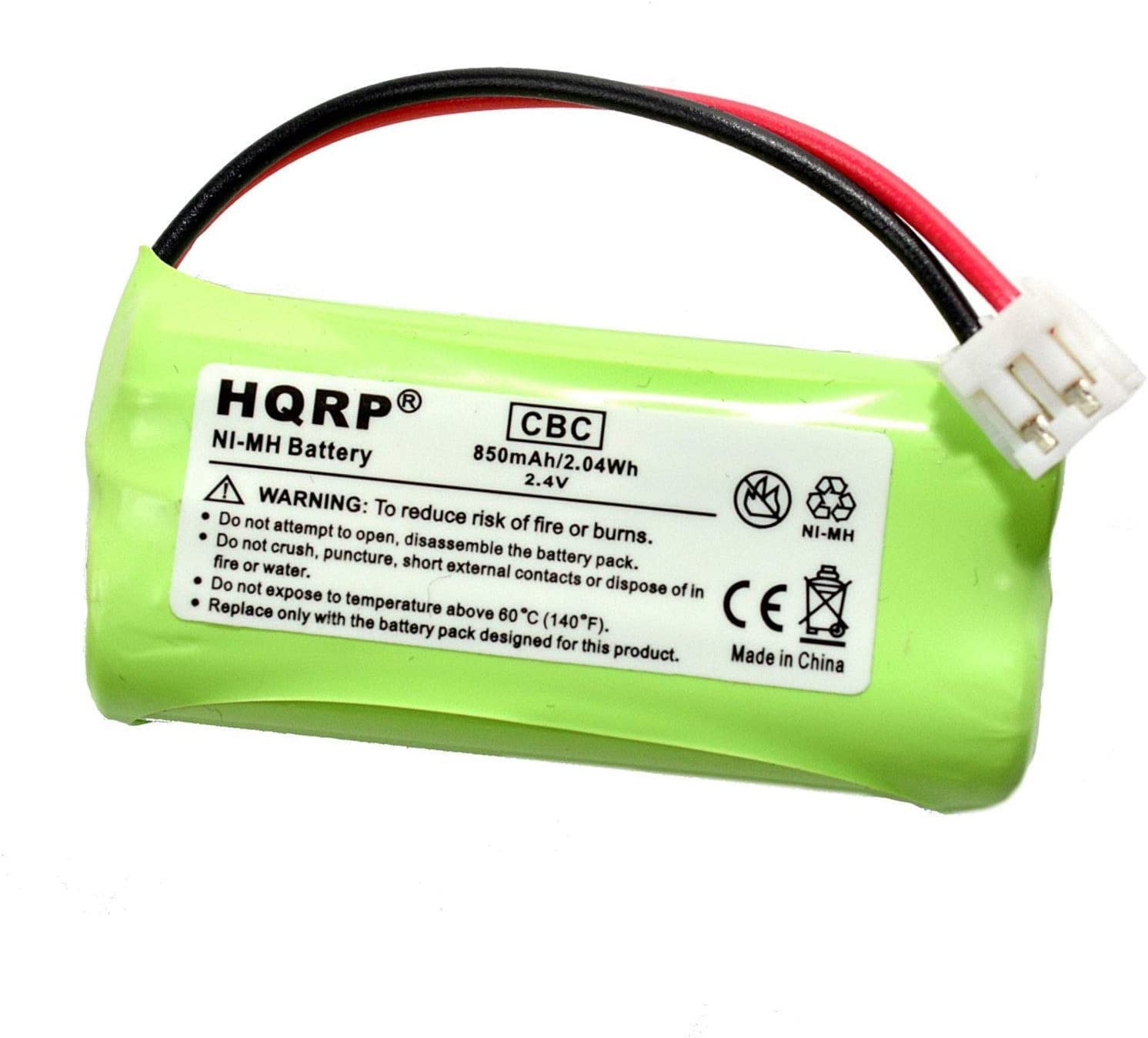 HQRP CBC NI-MH Battery 850mAh/2.04Wh 2.4V

WARNING: To reduce risk of fire or burns:
- Do not attempt to open, disassemble the battery pack.
- Do not crush, puncture, short external contacts or dispose of in fire or water.
- Do not expose to temperature above 60°C (140°F).
- Replace only with the battery pack designed for this product.

CE
Made in China