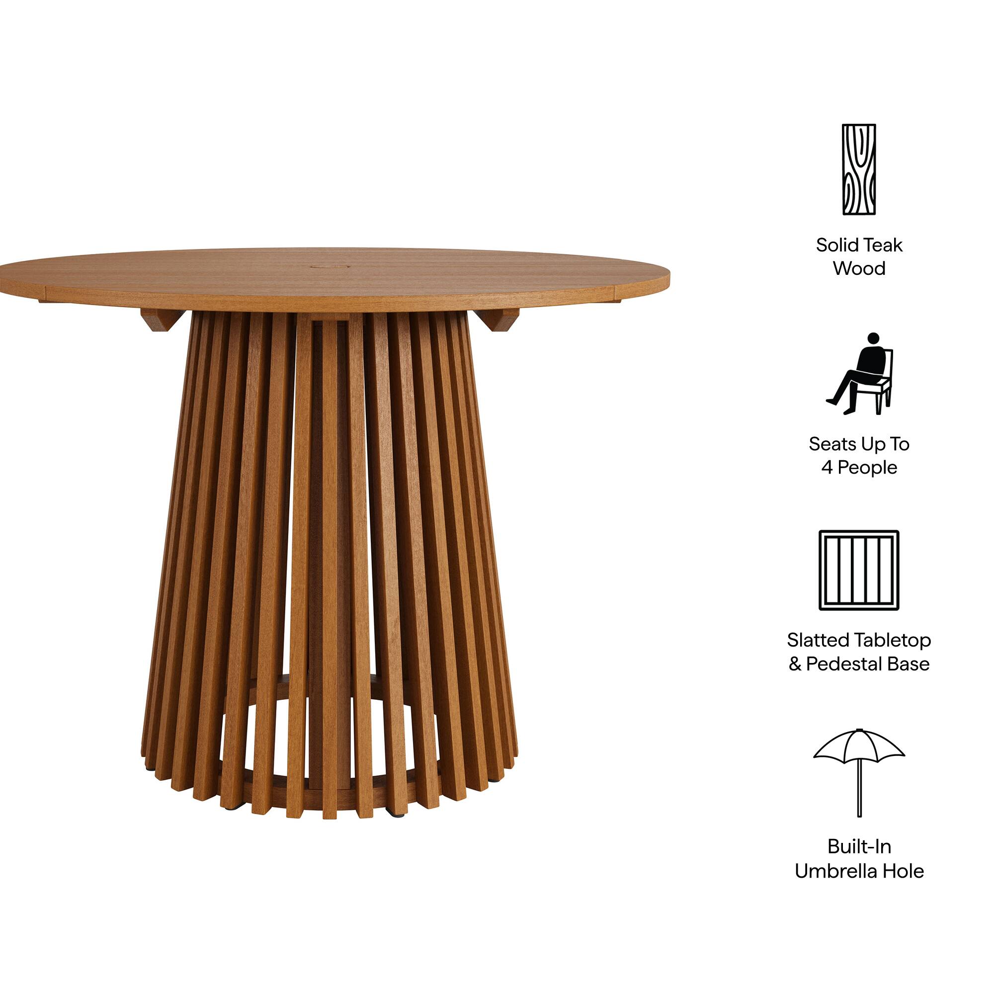 Solid Teak Wood Seats Up To 4 People Slatted Tabletop & Pedestal Base Built-In Umbrella Hole