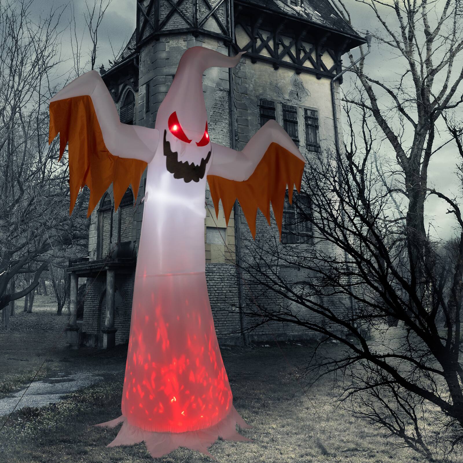 Alt View 6. Sunoyar - 12ft Halloween Inflatable Ghost with Flames Flashing Red Eyes and LED Lights - White.