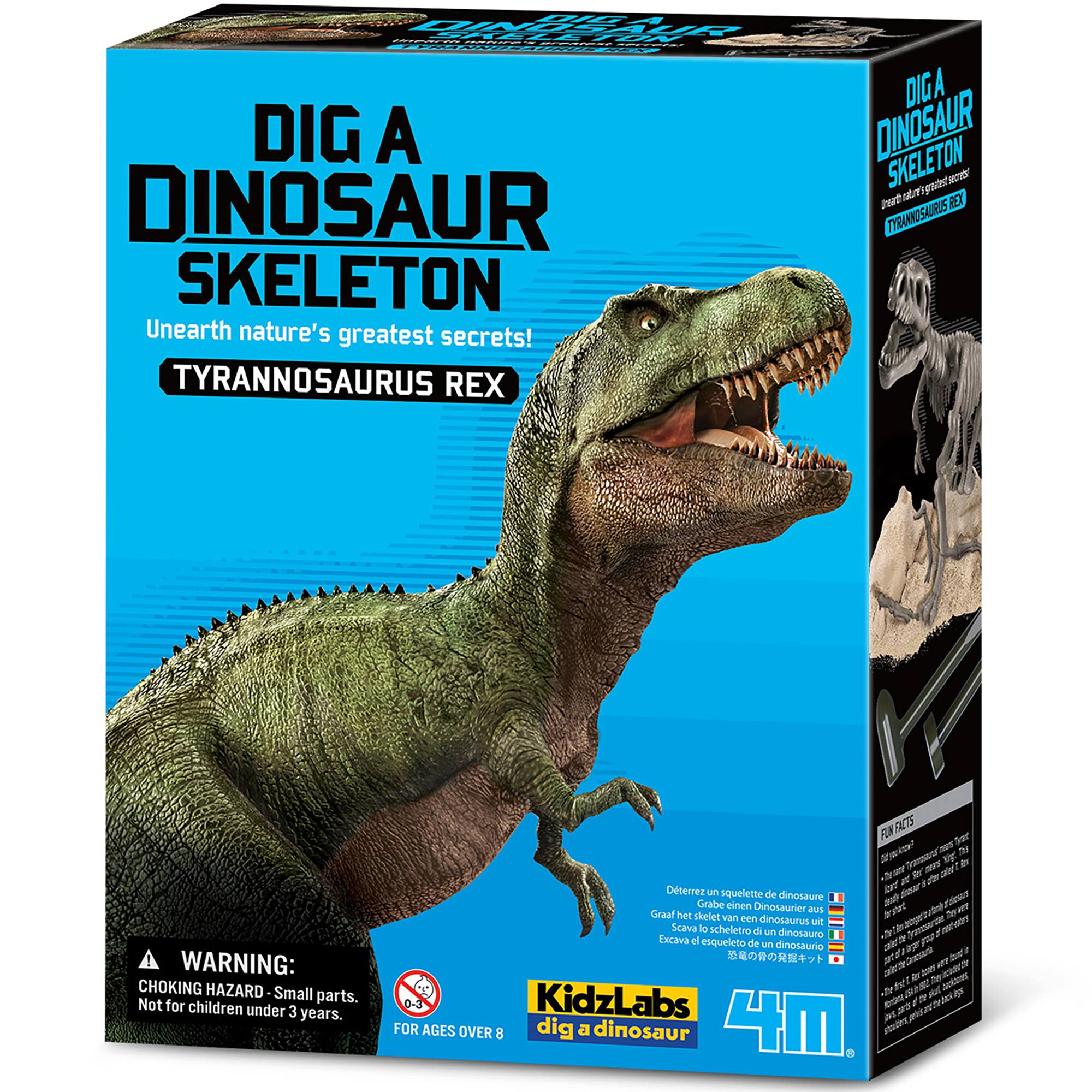 DIG A DINOSAUR SKELETON  
Unearth nature's greatest secrets!  
TYRANNOSAURUS REX  

WARNING: CHOKING HAZARD - Small parts. Not for children under 3 years.  
FOR AGES OVER 8  

KidzLabs  
4M  

Deterrez un squelette de dinosaure  
Graaf het skelet van een dinosaurus uit  
Excava el esqueleto de un dinosaurio  
Excava el esqueleto de un dinosaurio
