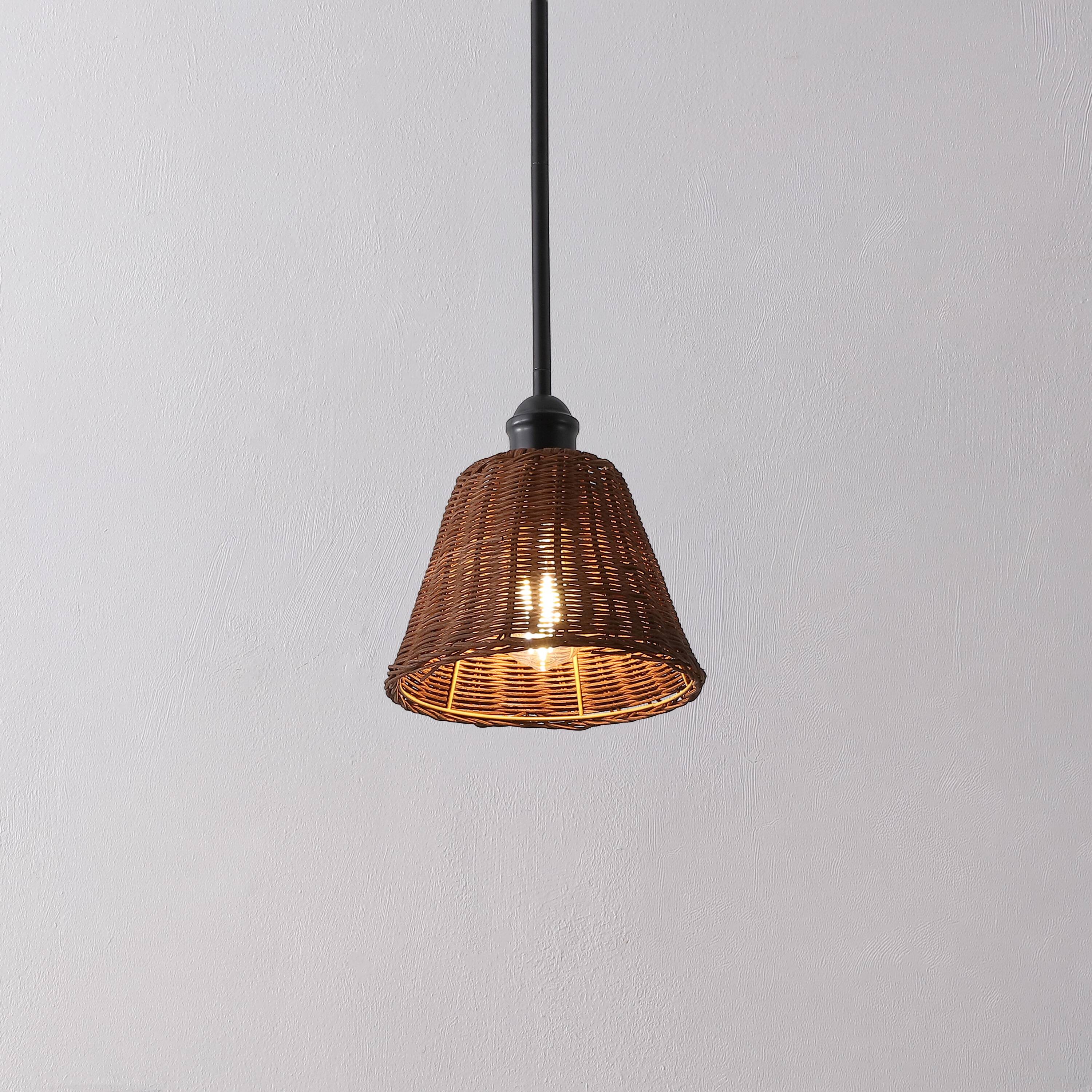 Alt View 1. Jonathan Y - Hattie 8.75" Coastal 1-Light Woven Rattan Pendant Light, Black with Dark Brown Empire Shade for Kitchen or Dining Room - Dark Brown.