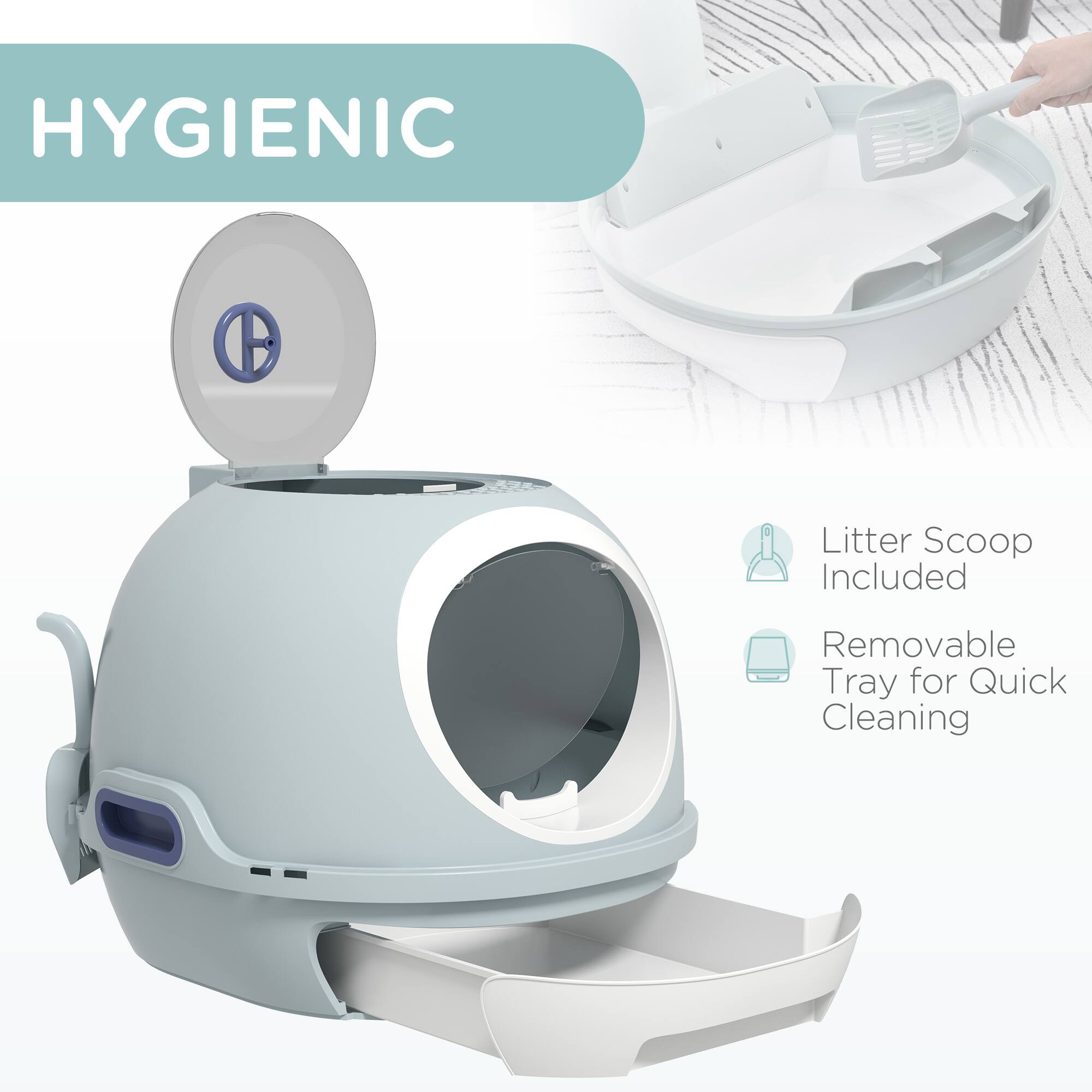 HYGIENIC

- Litter Scoop Included
- Removable Tray for Quick Cleaning