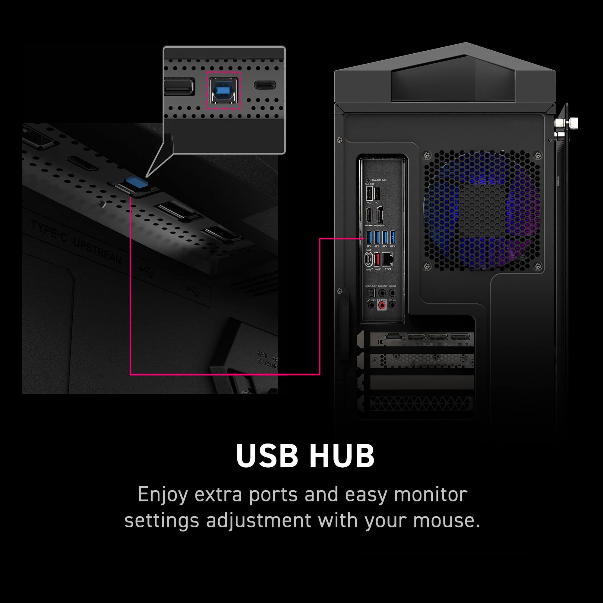 The text on the image reads: "USB HUB Enjoy extra ports and easy monitor settings adjustment with your mouse."