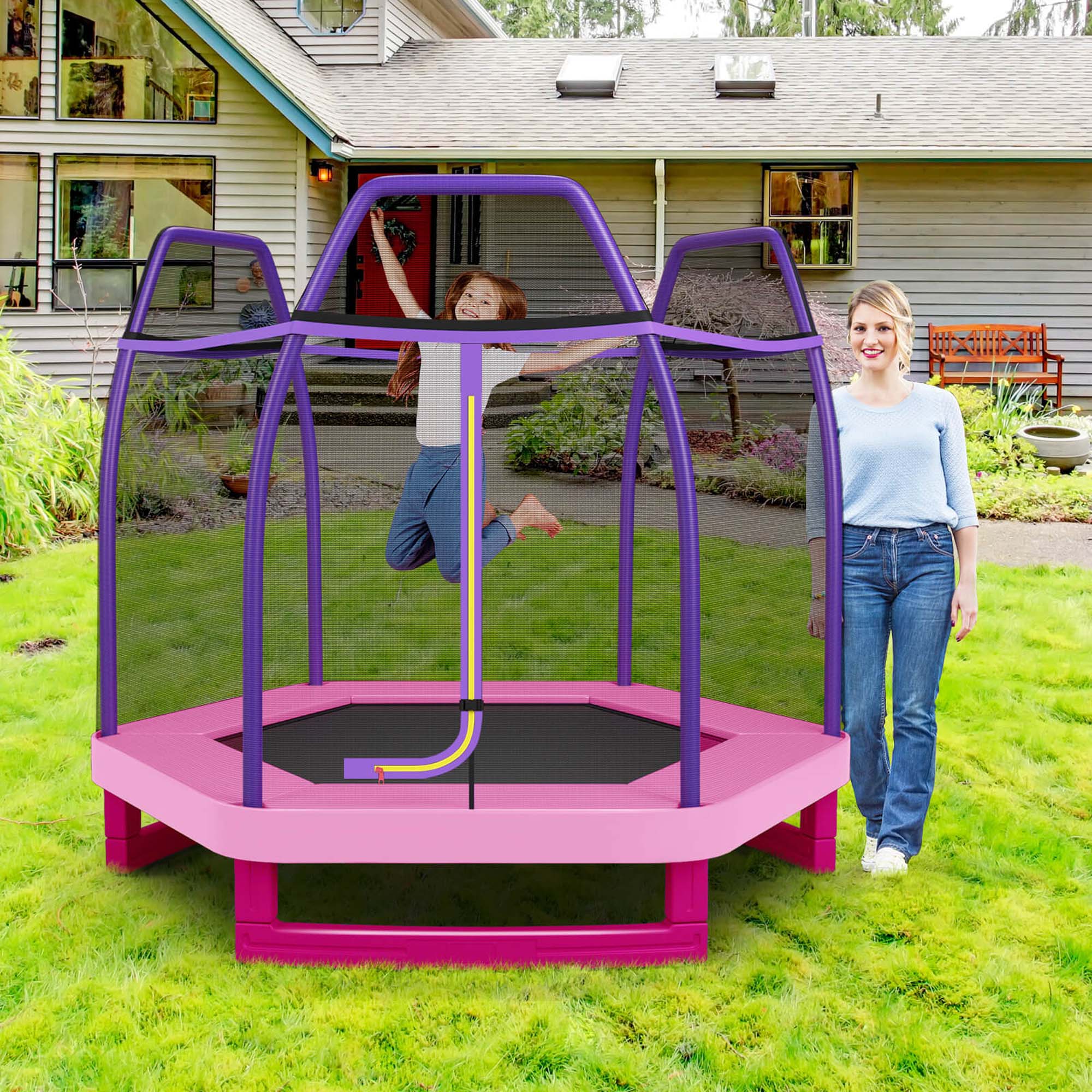 Alt View 1. Costway - Costway 7 FT Kids Trampoline with Safety Enclosure Net Spring Pad & Jumping Mat for Kids - Pink.