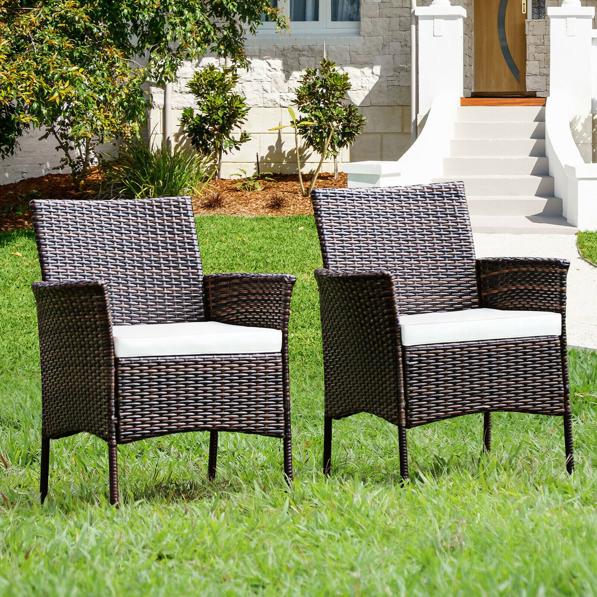 Gymax - Patio 2PCS Rattan Arm Dining Chair Cushioned Sofa Furniture Brown - mix brown