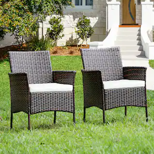 Costway - Patio 2PCS Rattan Arm Dining Chair Cushioned Sofa Furniture - Brown,White